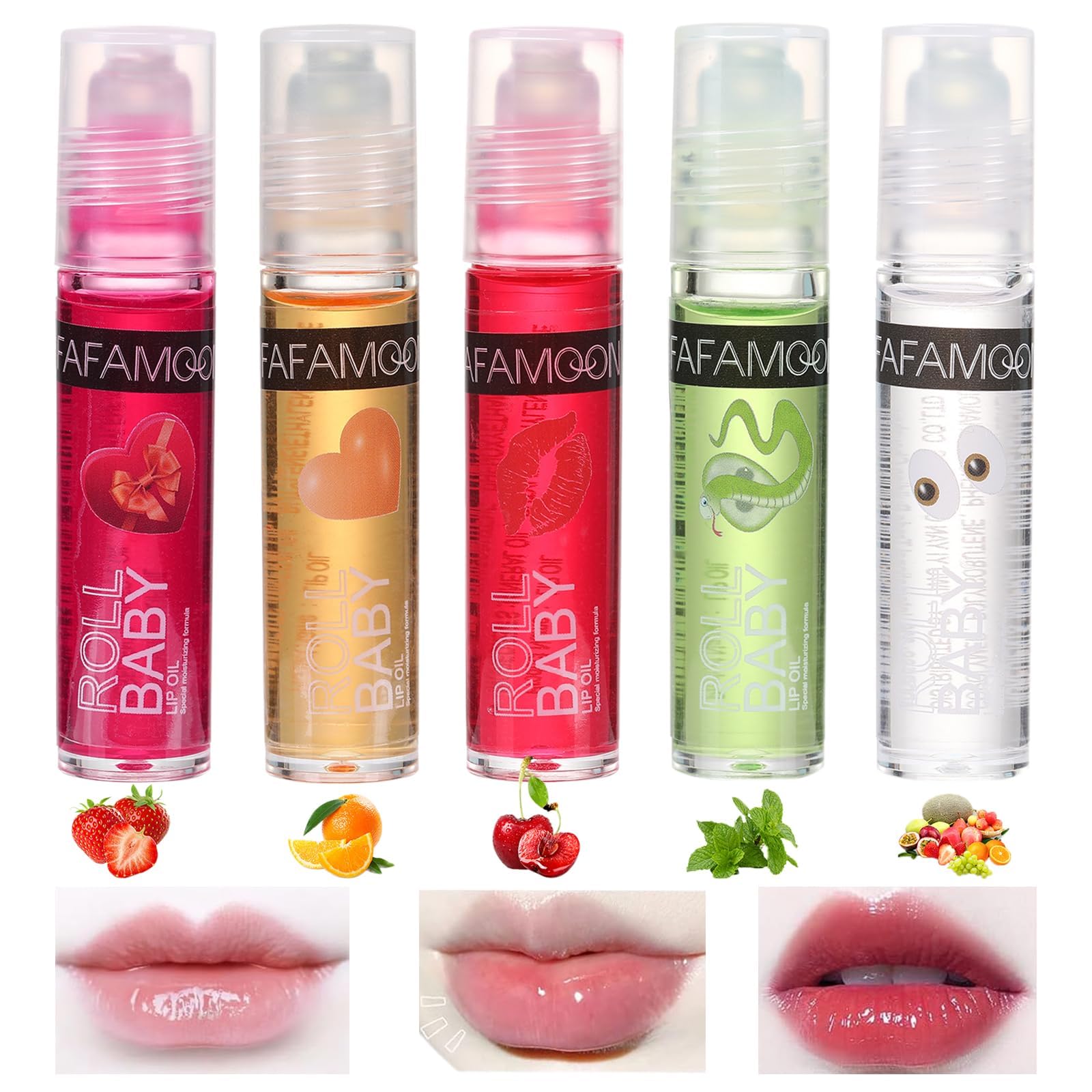 NALACAL Roll on Lip Oil Fruit Flavoured Lip Gloss Set, 5 PCS Moisturizing Transparent Plumping Lip Glow Oil, Hydrating Shiny and Vegan Tinted Lipgloss for Lip Care and Dry Lips