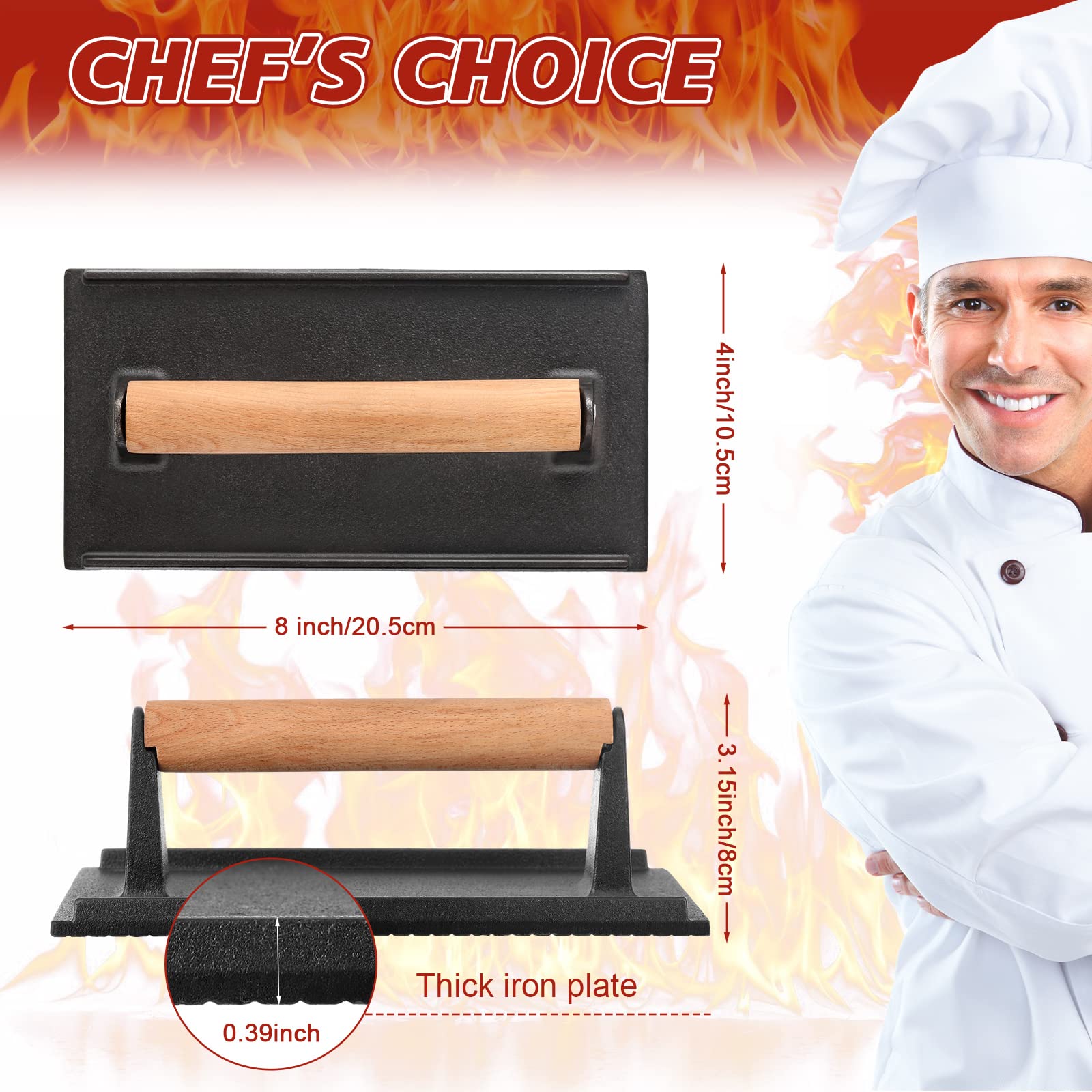 Gusseisen-Grillpresse, Speckpresse, 20,3 x 10,2 cm, vorgewürzte Burgerpresse, Sandwichpresse, Fleischpresse für Grill, BBQ, Burger, Brot, Steaks, 3 Stück