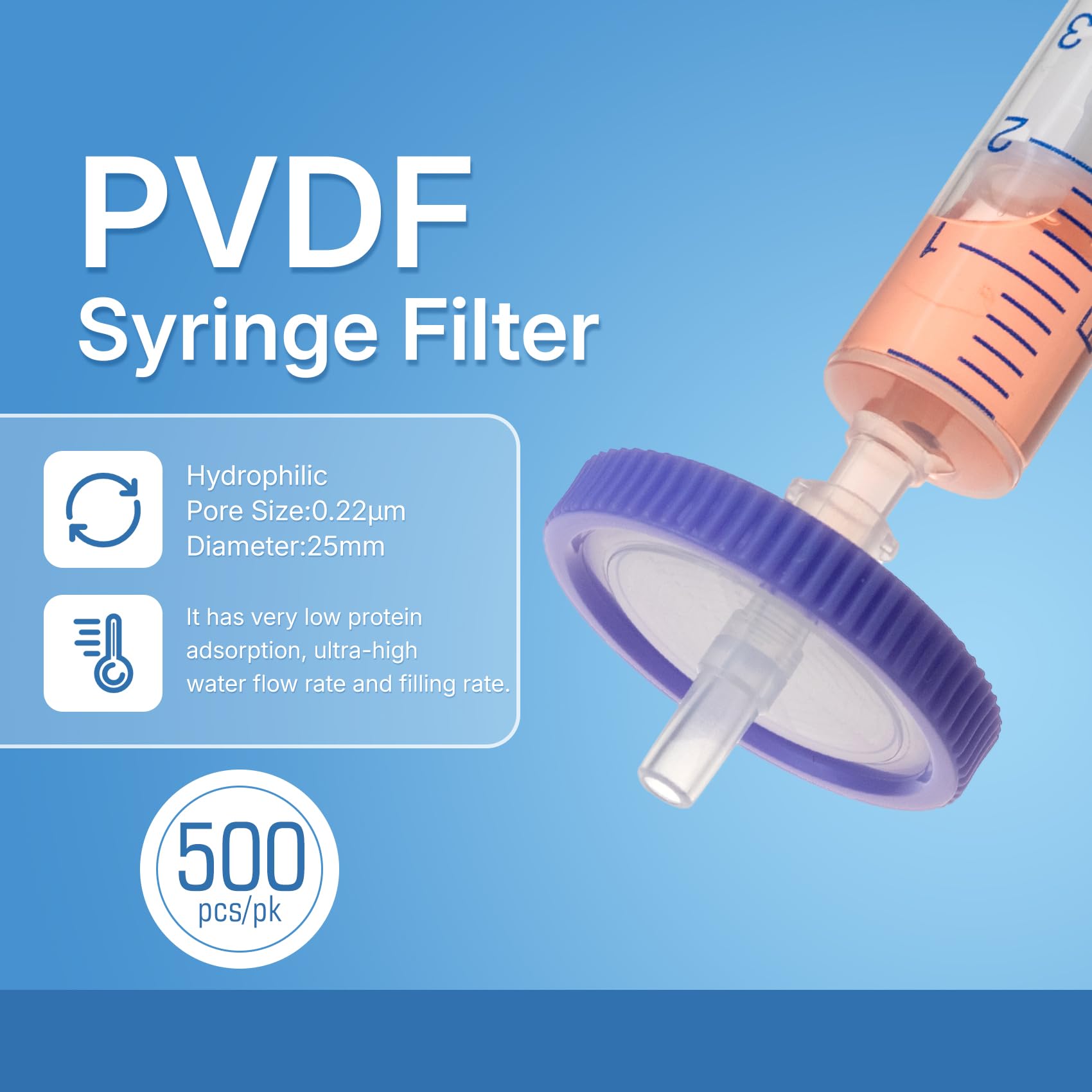 500Stk/Beutel PVDF Spritzenfilter Hydrophile 0,22 μm Porengröße, 25 mm Membran Durchmesser, Labor-spritzenfilter, HPLC und GC spritzenfilter