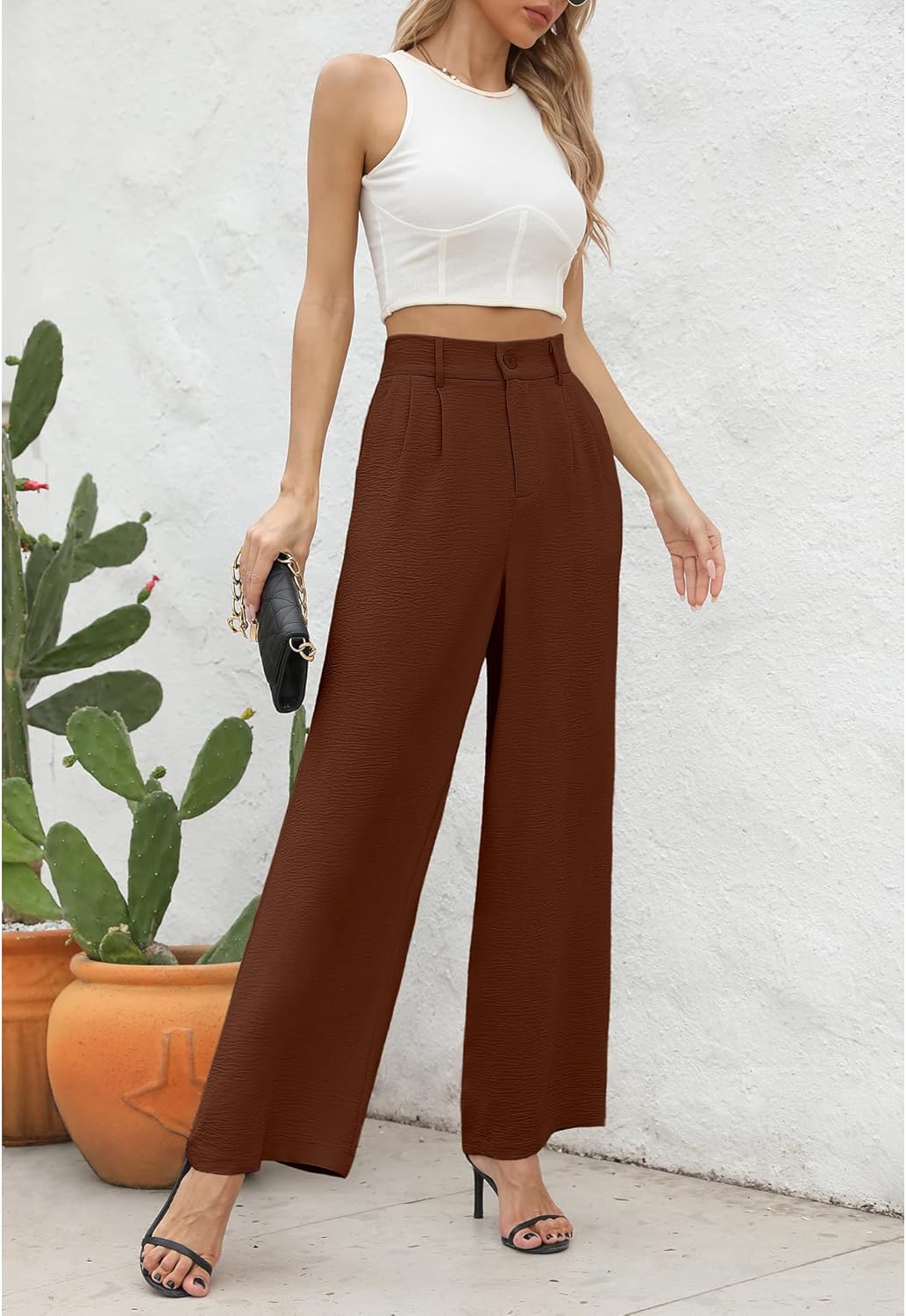 CZYINXIAN Women's Casual High Waisted Wide Leg Pants Flowy Business Work Casual Pants with Pockets - Image 4