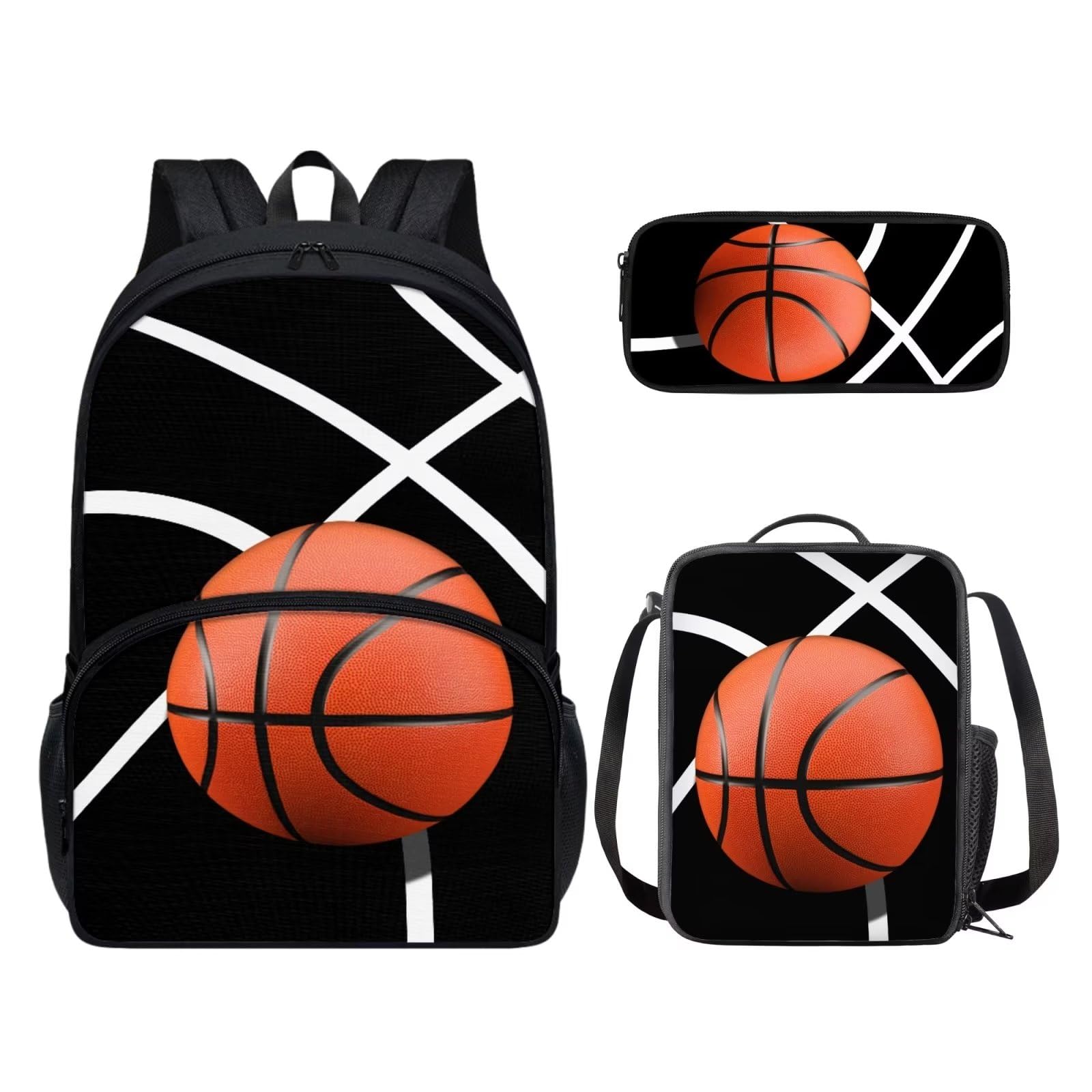 POLERO Juego de 3 bolsas escolares con impresión 3D para el almuerzo, estuche para lápices, Basketball, Talla única, Mochila infantil