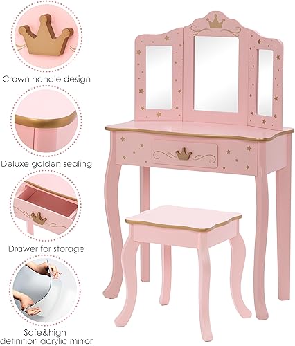 Miniatura 4 de UTEX Kids Vanity Set with Mirror and Stool, Kids Make Up Vanity Desk with Mirrror for Little Girls, Children Makeup Dressing Table with Drawer, Pink