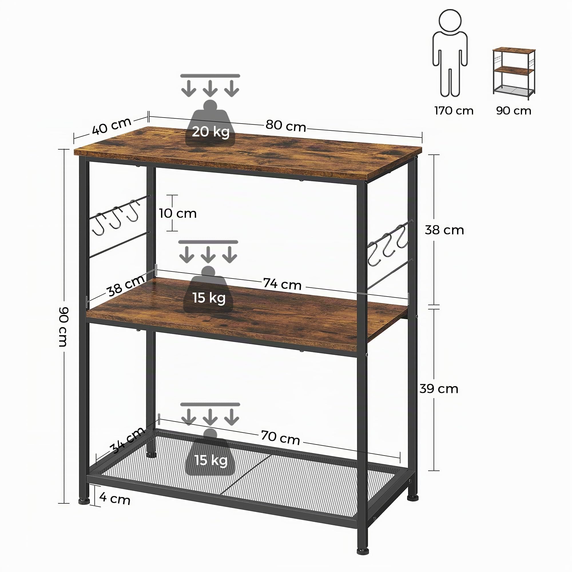 VASAGLE Supports imprimantes, 80 x 40 x 90 cm, Étagère de Rangement, Îlot, Support Four Micro-Ondes, avec 3 étagères Ouvertes, 6 Crochets, Style Industriel, Marron Rustique et Noir KKI002B01