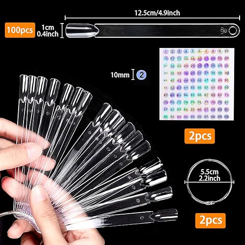 Miniatura 2 de 100 piezas de palos de muestras de uñas con 2 calcomanías de números del 1 al 100, puntas de exhibición de esmalte de uñas transparentes en forma de