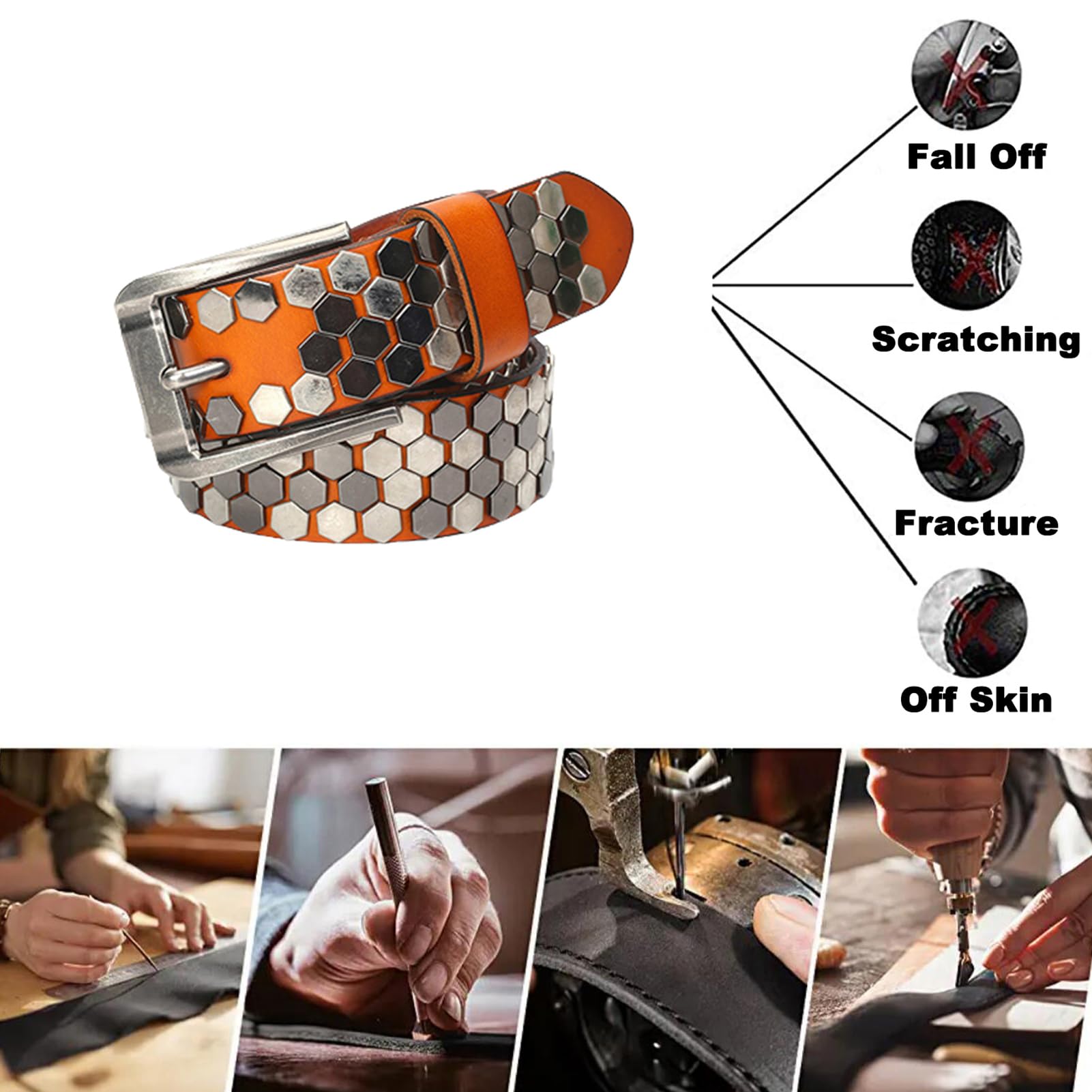 Ceinture en Cuir à Rivets Tendance Motif Clouté Style Punk Rock Boucle à Griffes Réglable Ceinture Décontractée(120cm/waist:41", Orange)