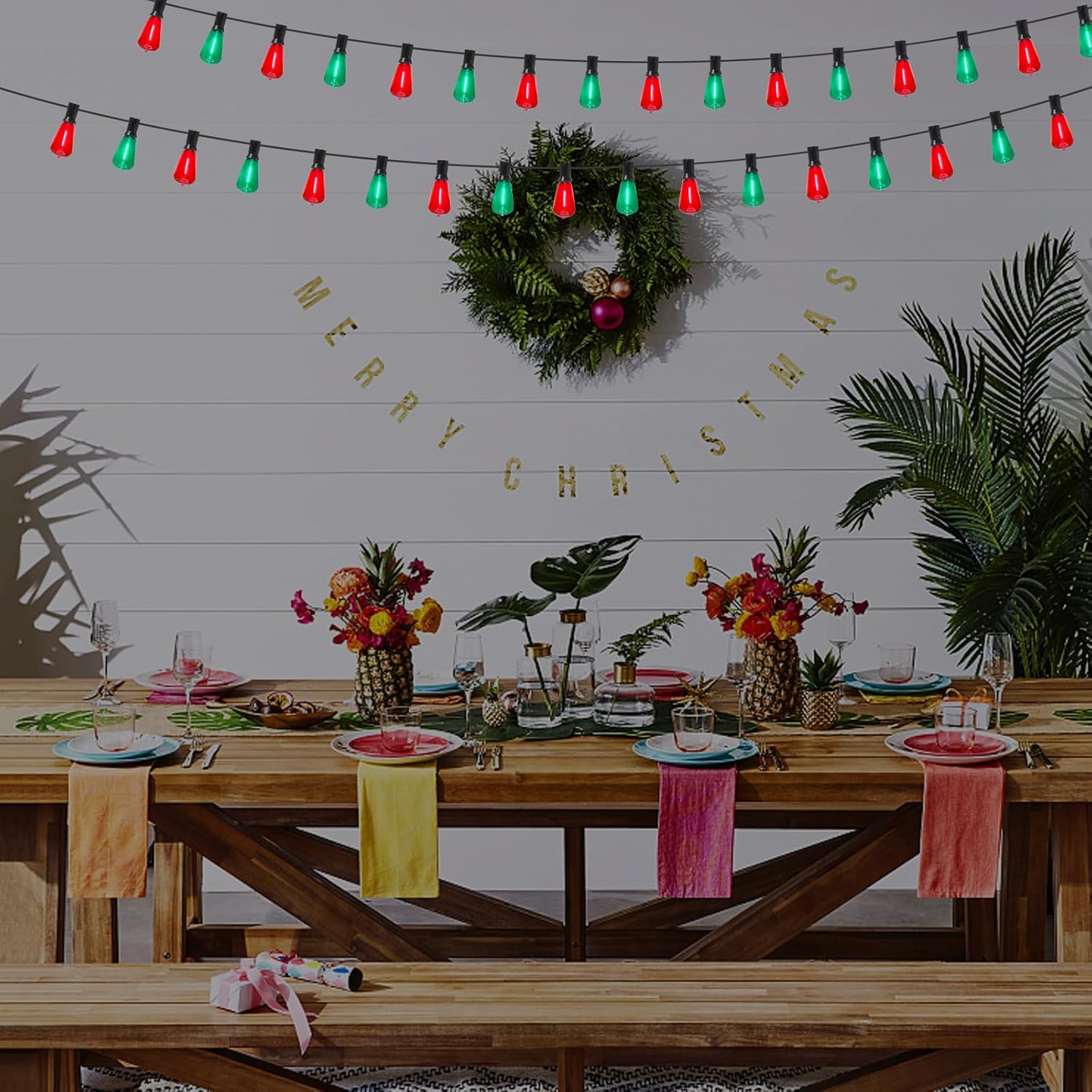 50Ft Outdoor Multicolor String Lights, LED Dimmable Christmas Red/Green Lights Outdoor Waterproof with 25 ST38 Red/Green LED Bulbs, 2700k Shatterproof for Backyard Gazebo Porch Garden Outside Decor