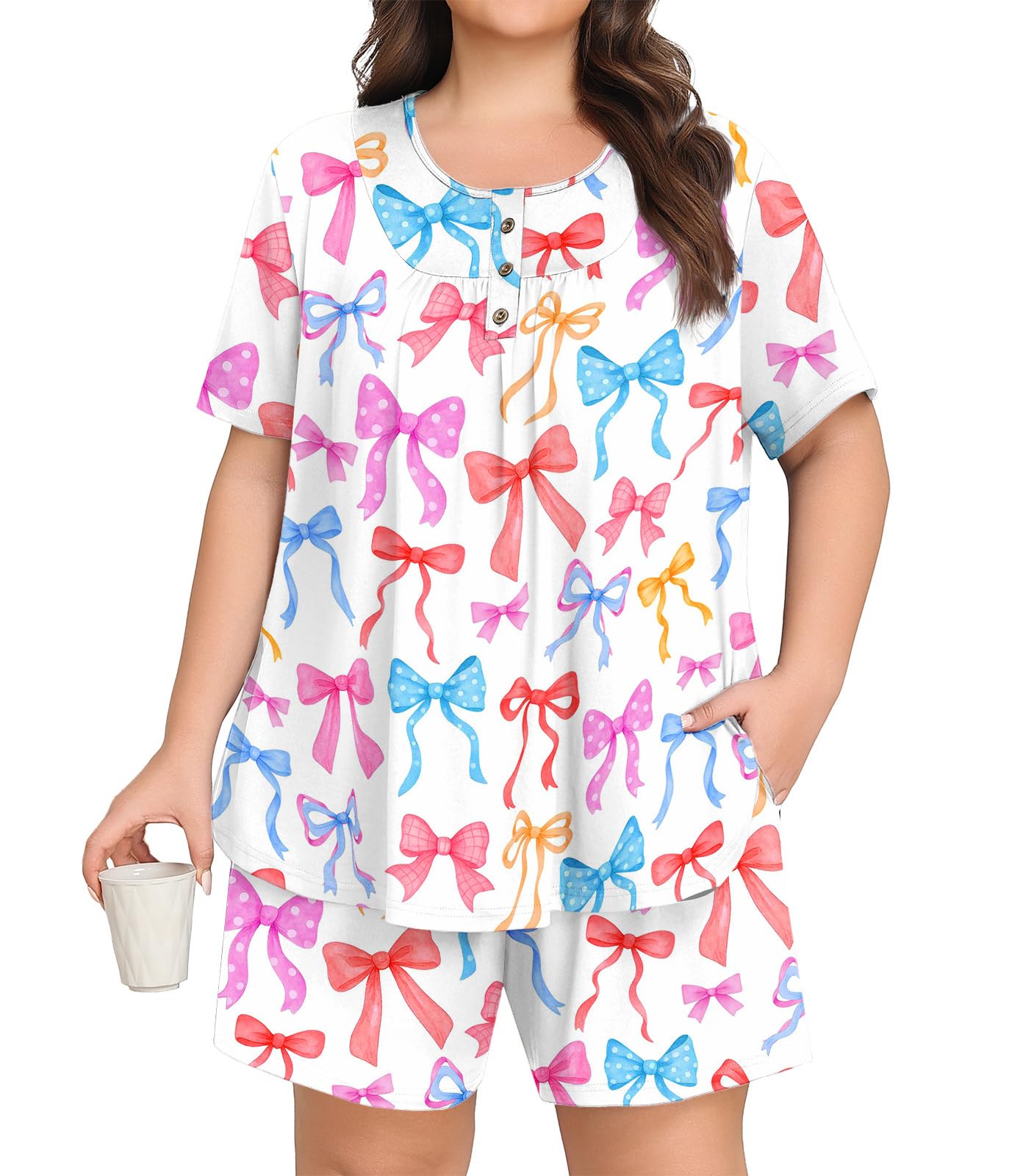 Lastshe Plus Size Pajama Set for Women Summer Short Sleeve Shorts Henley Neck Pjs 2 Piece Lounge Set with Pockets Sleepwear