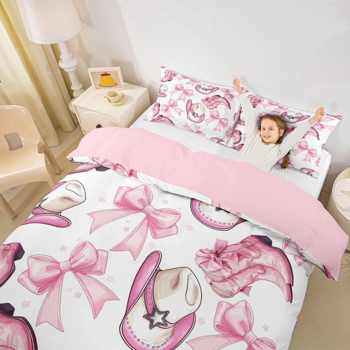 Homewish Kokarda różowa zachodnia kowbojki super king zestaw poszewek na kołdrę gwiaździsta kawaii kokardka pościel uroczy kapelusz buty poszewka na kołdrę uroczy kapelusz buty ciepłe miękkie zestawy