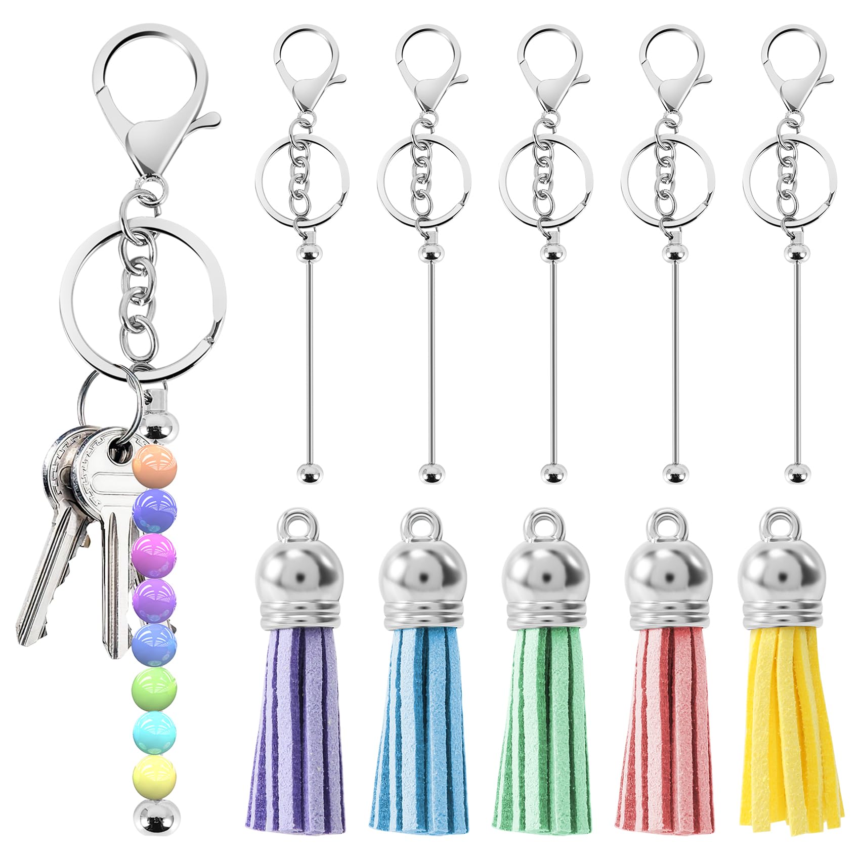 Plomevry 5 Pcs Beadable Keychain Bars Blanks with 5 Pcs Leather Tassel for DIY Projects, Kids, Students, DIY Lovers, Bohemian Style Fans