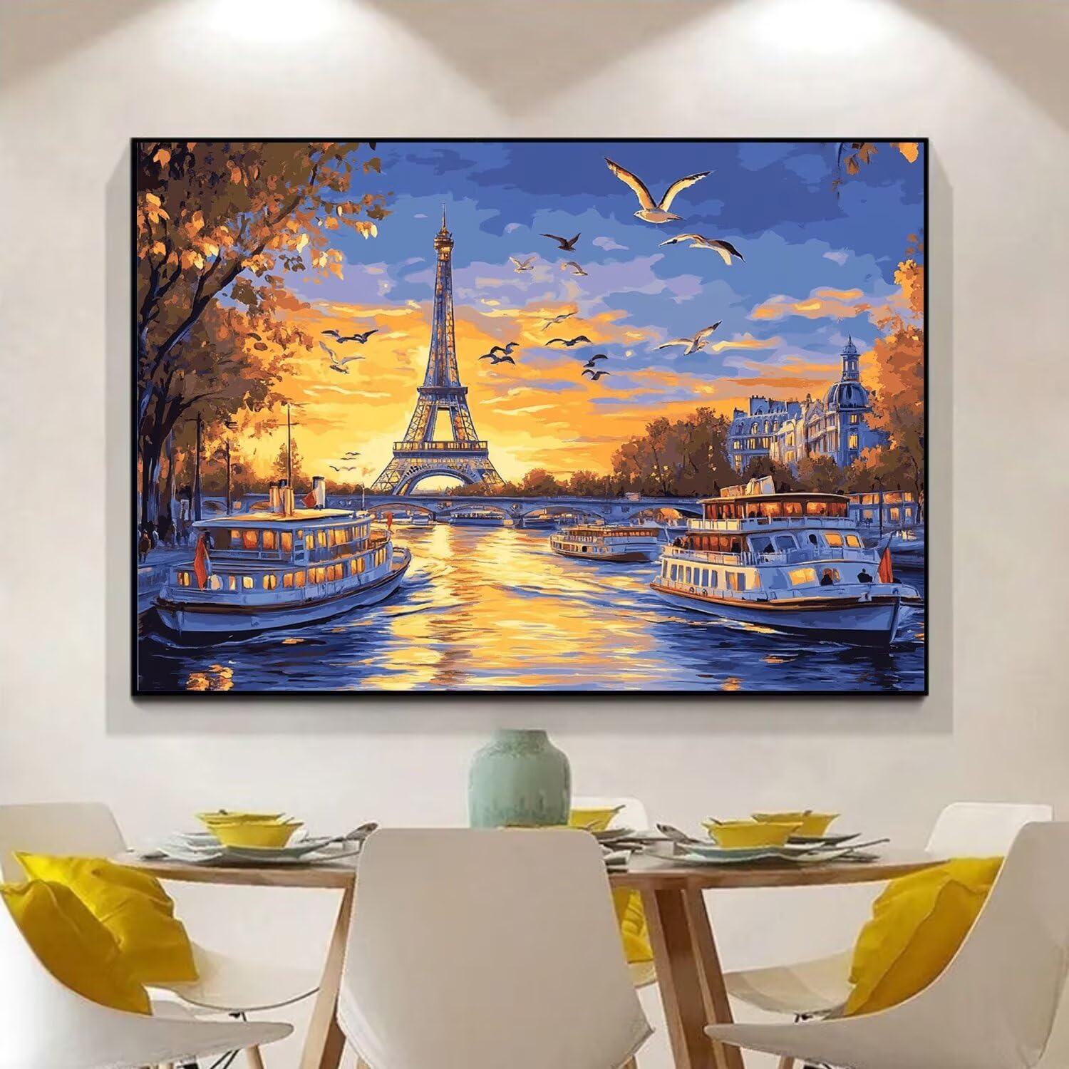 Malowanie po numerach dla dorosłych Wieża Eiffla Paint by Numbers Krajobraz Malowanie według numerów Dzieci Początkujące z farbami i 3 pędzlami, dekoracja pokoju, 90 x 135 cm, Model756