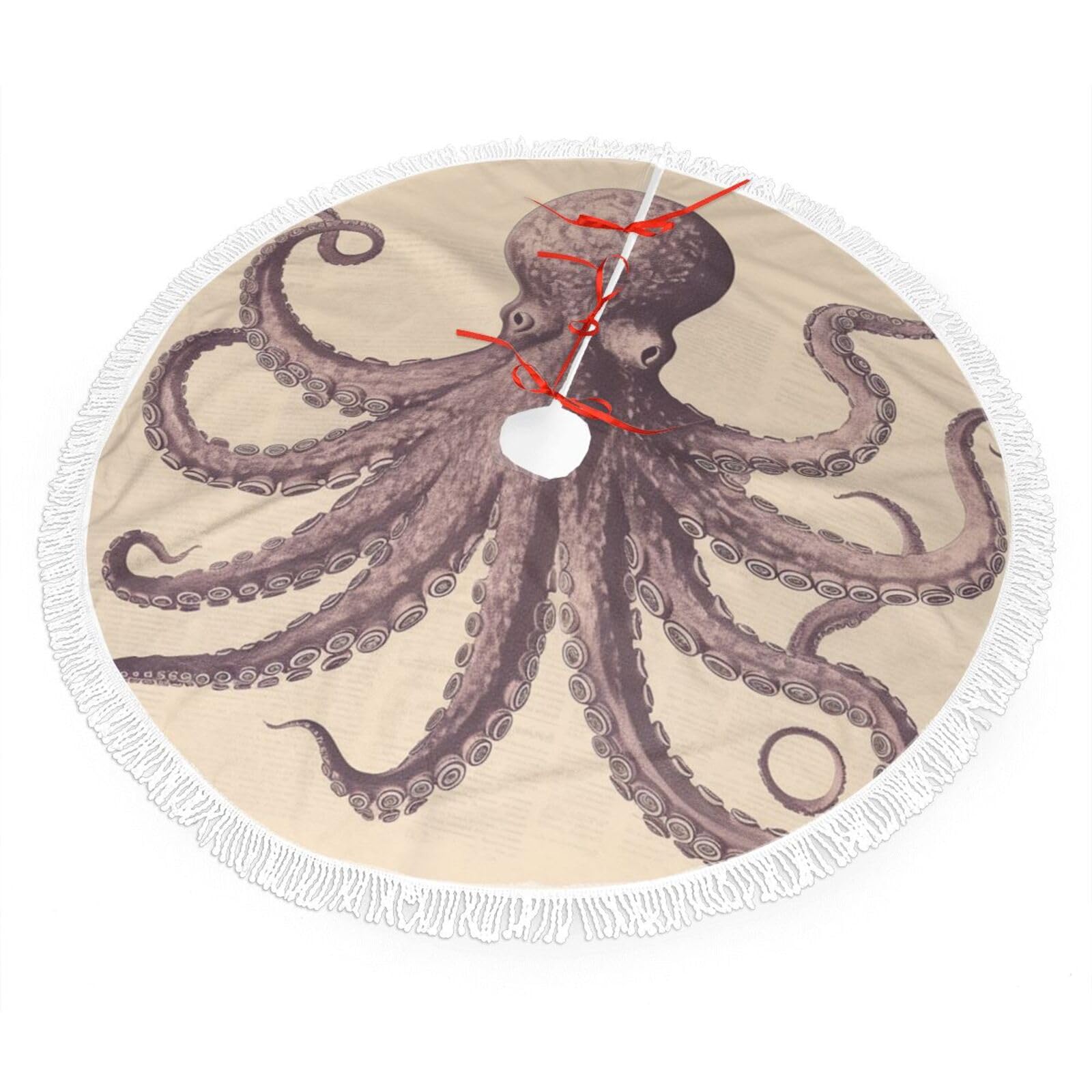 Vintage Octopus Christmas Tree Skirt 48", Soft Plush Xmas Tree Carpet with Tassel Christmas Ornaments Winter Holiday Tree Mat Decoration for Home Party Supplies