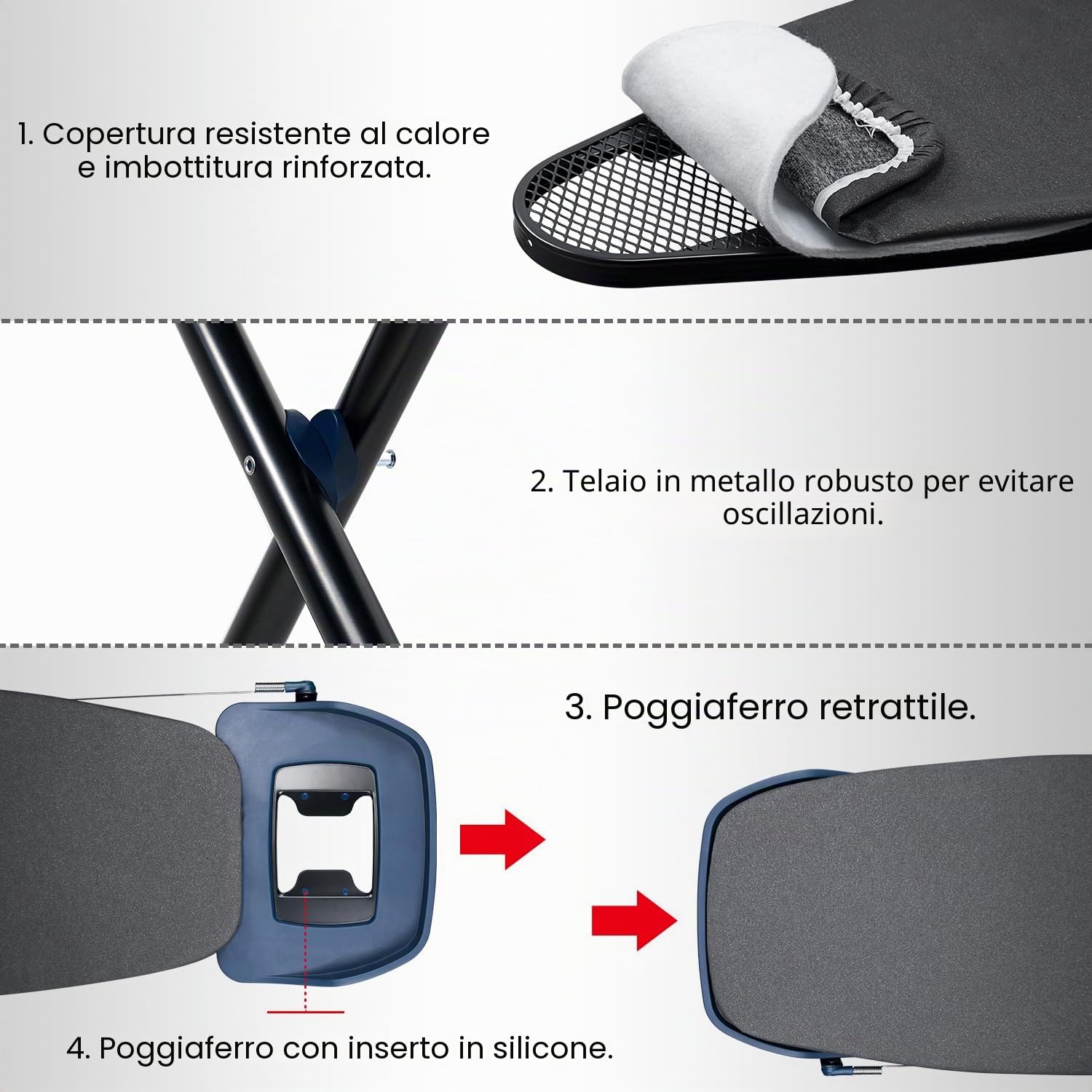 Duwee - Asse da stiro extra larga con ruote, asse da stiro extra larga per ferri con generatore di vapore, gambe robuste e pieghevoli, imbottitura in feltro da 10 mm, nera, 135 x 46 cm