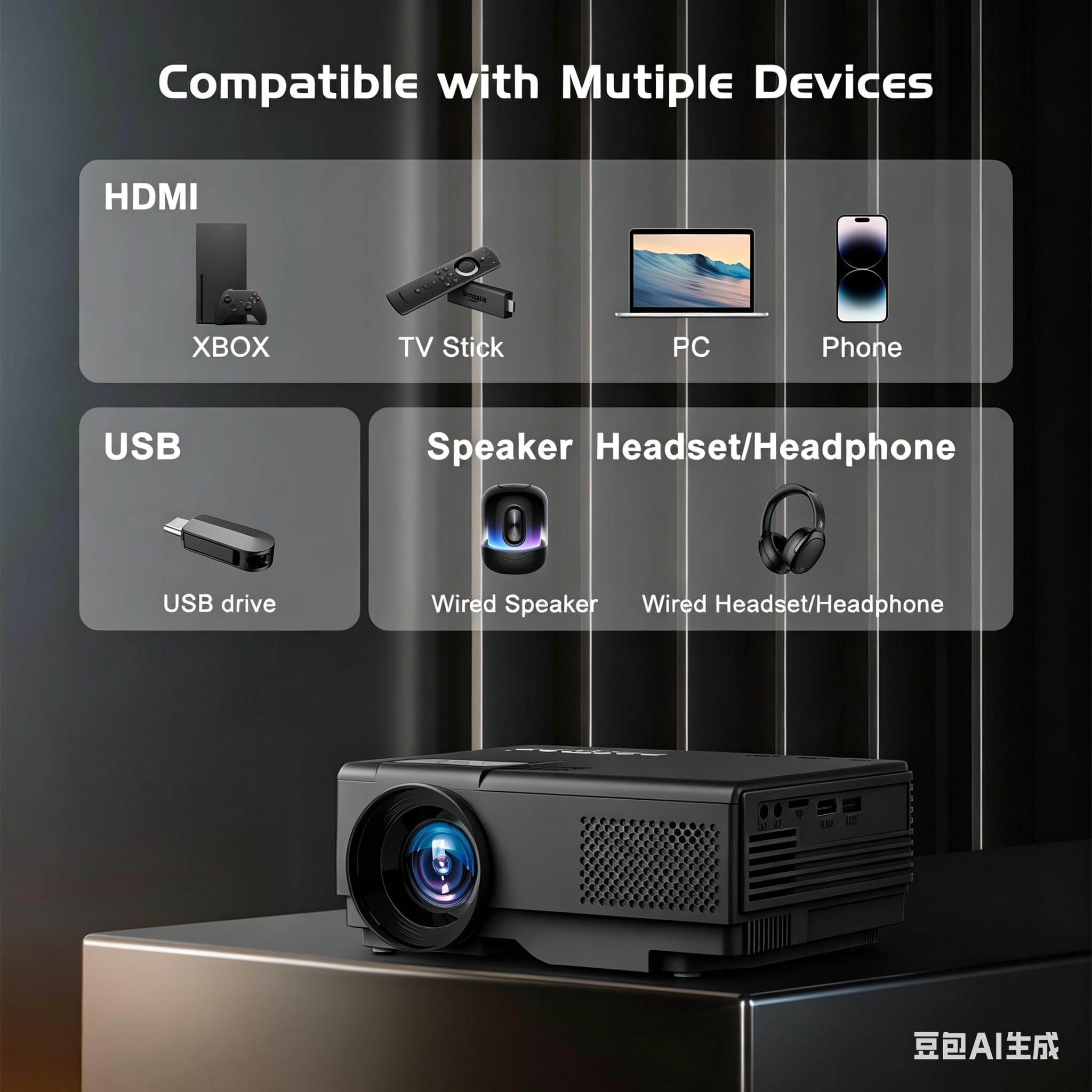 AKATUO Mini Projecteur Full HD 1080P Portable, Bluetooth, Écran 200", Home Cinéma, Extérieur