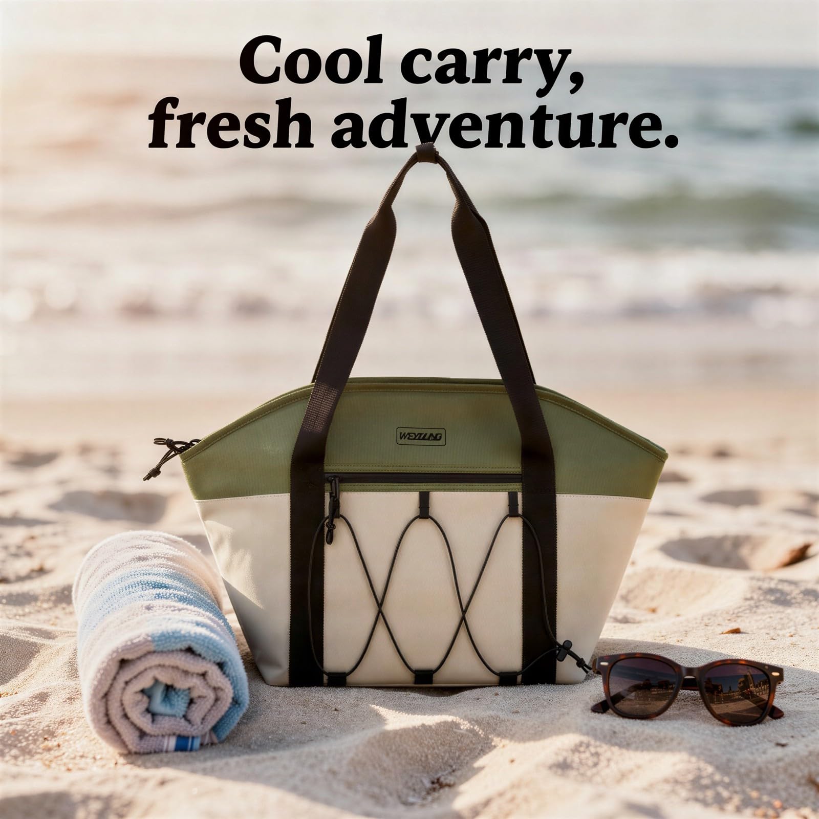 Sac isotherme vert et beige, grande capacité 28 L en toile Oxford, sac réfrigérant avec larges sangles, poignée renforcée, pour pique-nique, camping, plage, voyage, conservation des aliments
