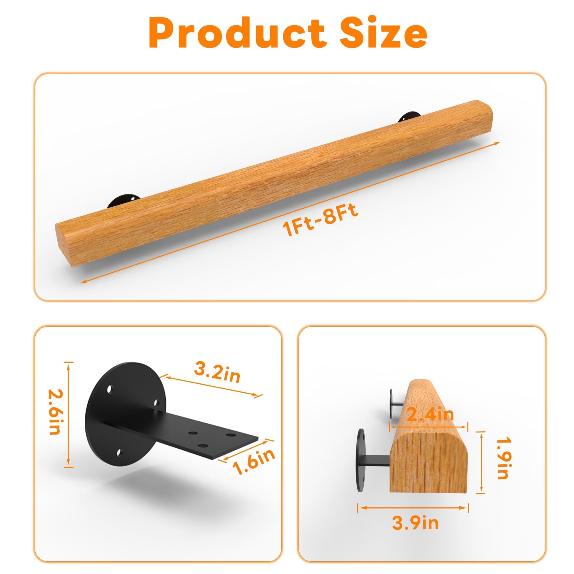 Wood Railing For Stairs 3FT Wooden Stair Handrail - Wall Mounted Safety ...
