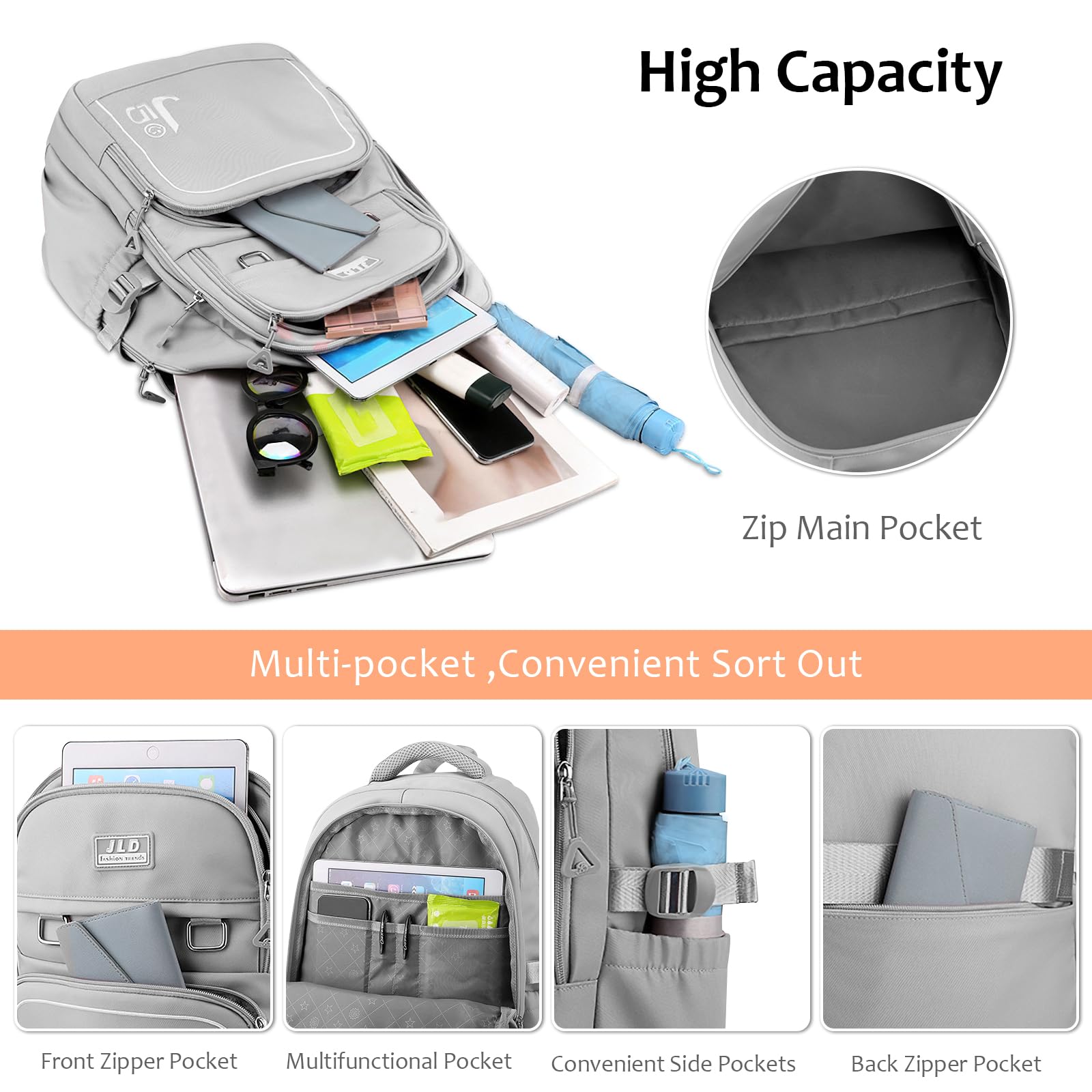 Ragazze Zaino Studenti Zaini Scuola Donna Porta PC 15,6 Pollici Borsa Zainetto Impermeabile Poliestere Daypack per Viaggio Campeggio Uso Quotidiano Grigio