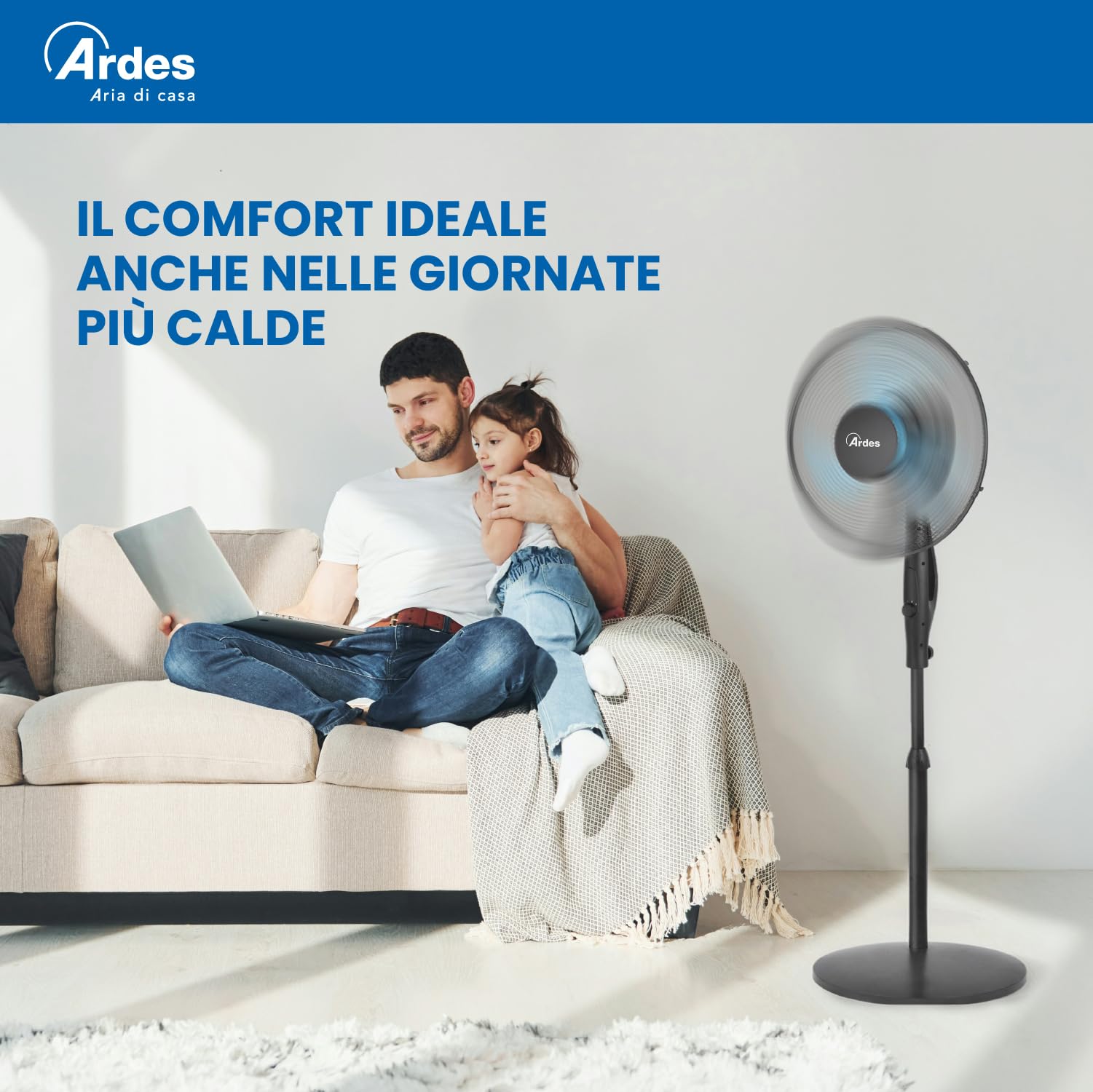 Ardes EASY 41PB PLUS Bodenventilator 50W 40 cm mit Automatischer Oszillation, Höhenverstellung bis 130 cm, Neigungsverstellung, 3 Leise Geschwindigkeiten und 3 Flügel
