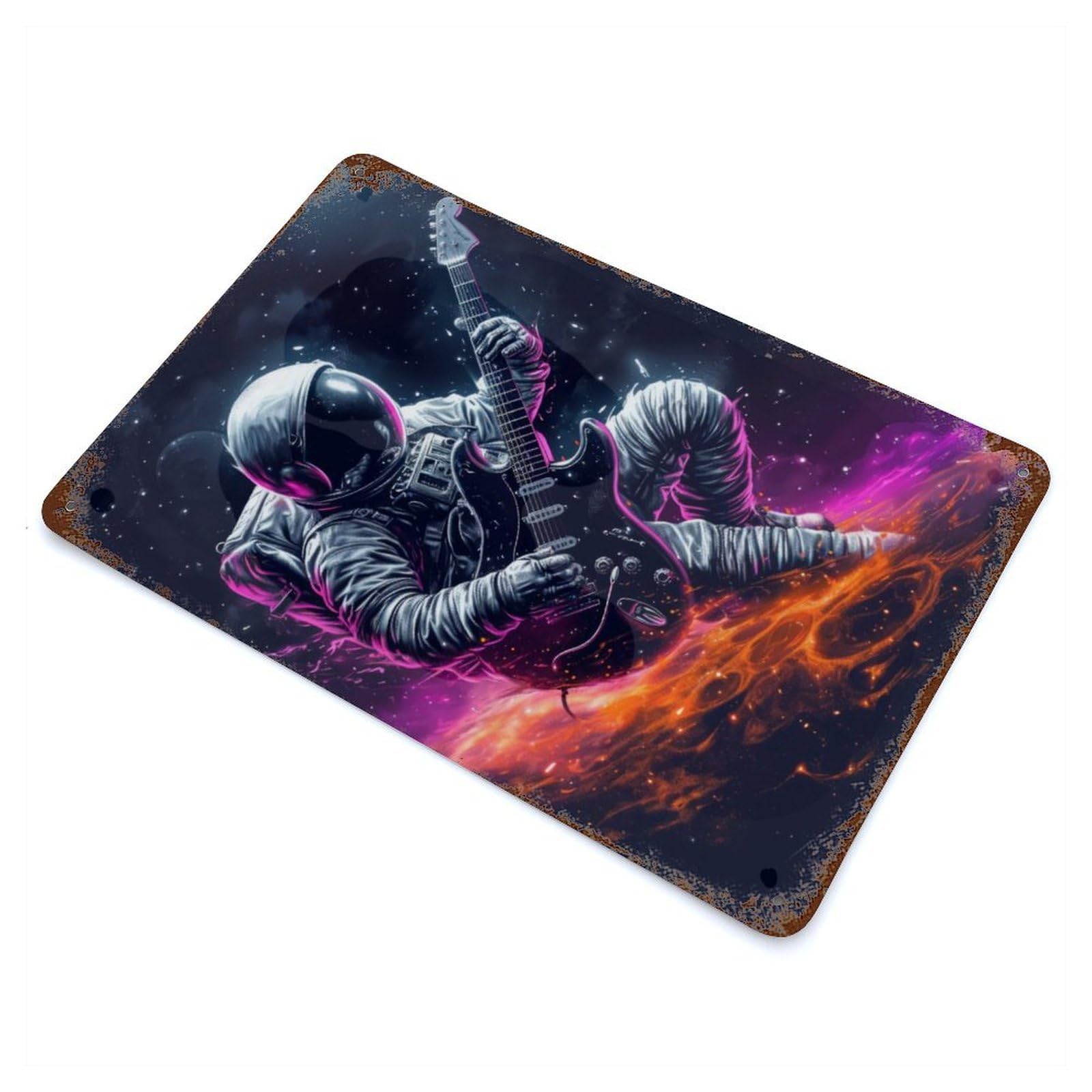 Rust Effect Astronaut Guitar in Space Aged Metal Wall Plaque 11.8"x7.9", Rustic Home Decor for Bistro, Counter And Cafe Decor