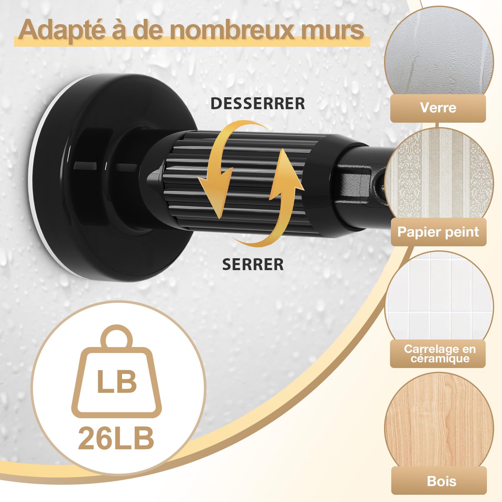 1 Barre Rideau Sans Percage 100-262 cm Barre Rideau Extensible,Barre Telescopique Tringle Rideau Extensible Sans Percage Pour Salle De Bain, FenêTre,Porte,Noir