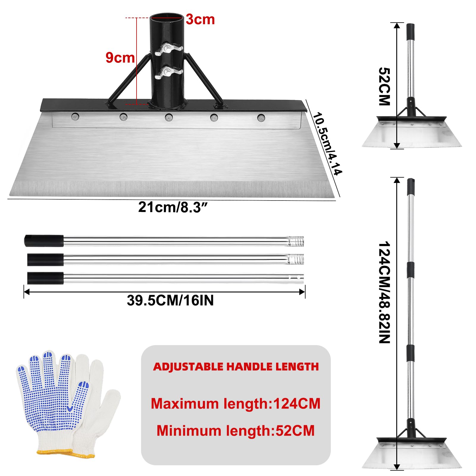 Set di attrezzi da giardino con raschietto per erbacce, lama in acciaio inox da 21 cm con asta a 3 sezioni da 120 cm e guanti, per rimuovere muschio e ghiaccio per patio, vialetto e neve, kit pala da