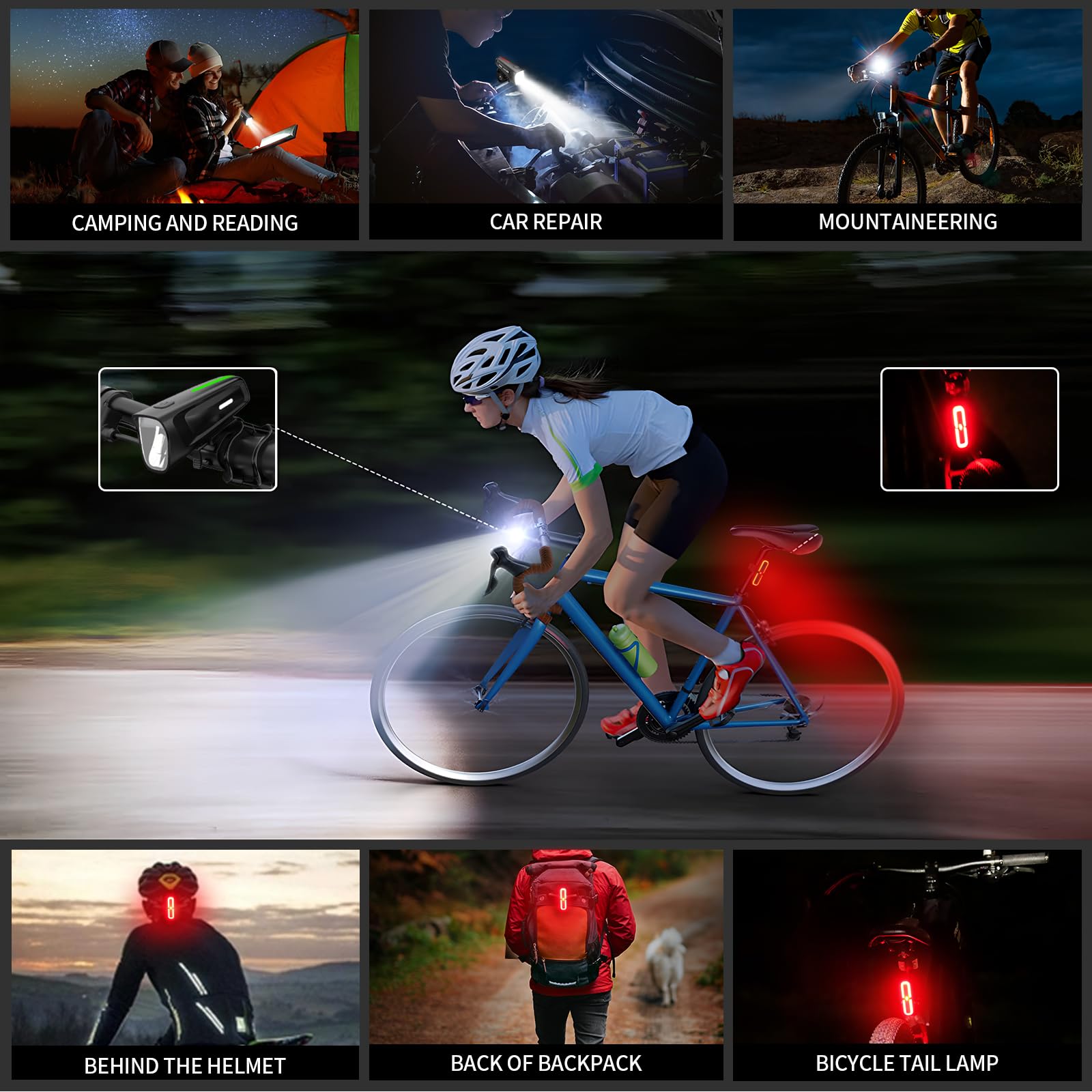 BOLEi Set di luci a LED per bicicletta, 100 lux, omologate StVZO, illuminazione per bicicletta, ricaricabile, IPX5, impermeabili, batteria (luce anteriore + luce freno posteriore)