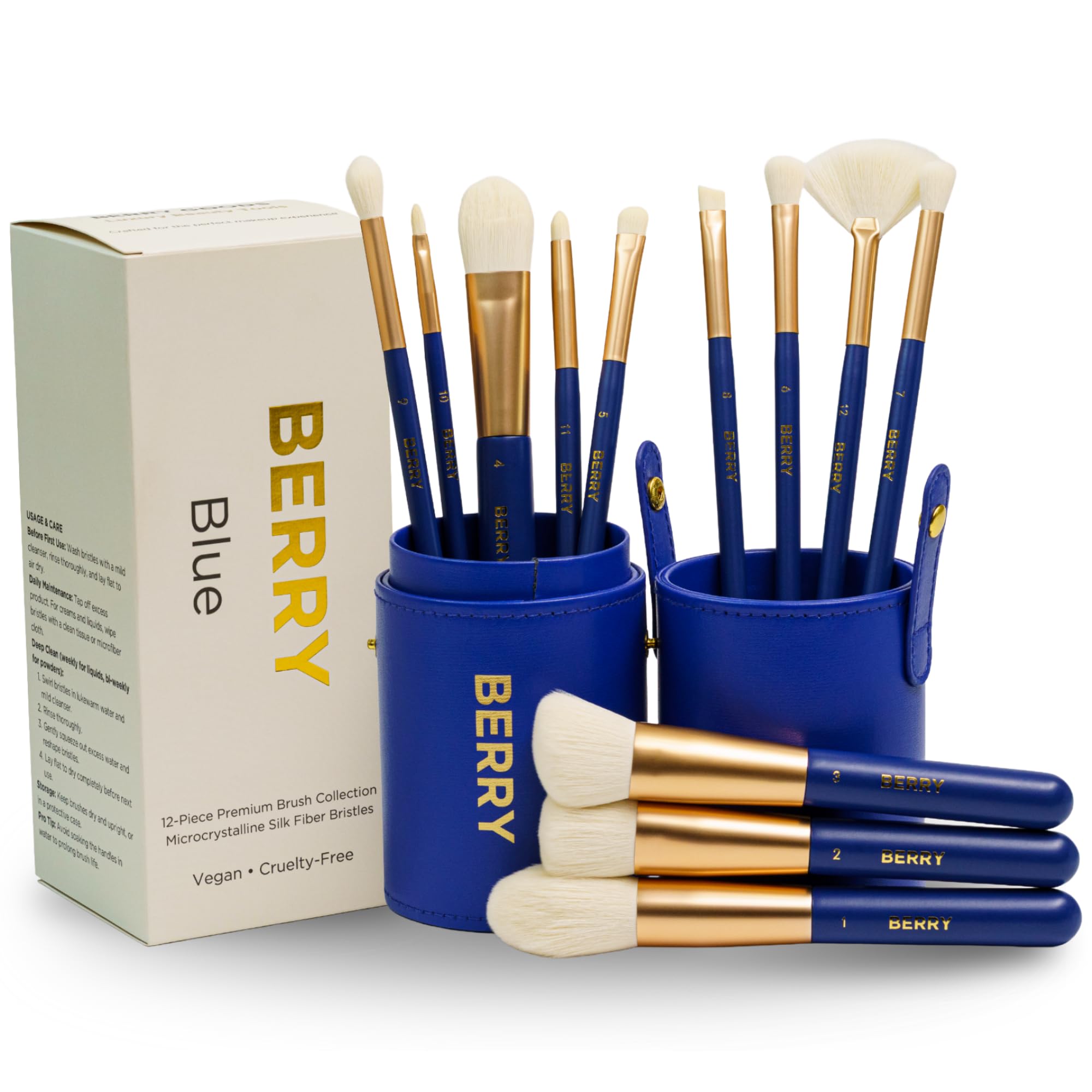 BERRY Premium - Juego de brochas de maquillaje profesional de 12 piezas, numeradas, veganas, libres de crueldad, cerdas microcristalinas de lujo, perfectas para base, polvo, mezcla y contorno con
