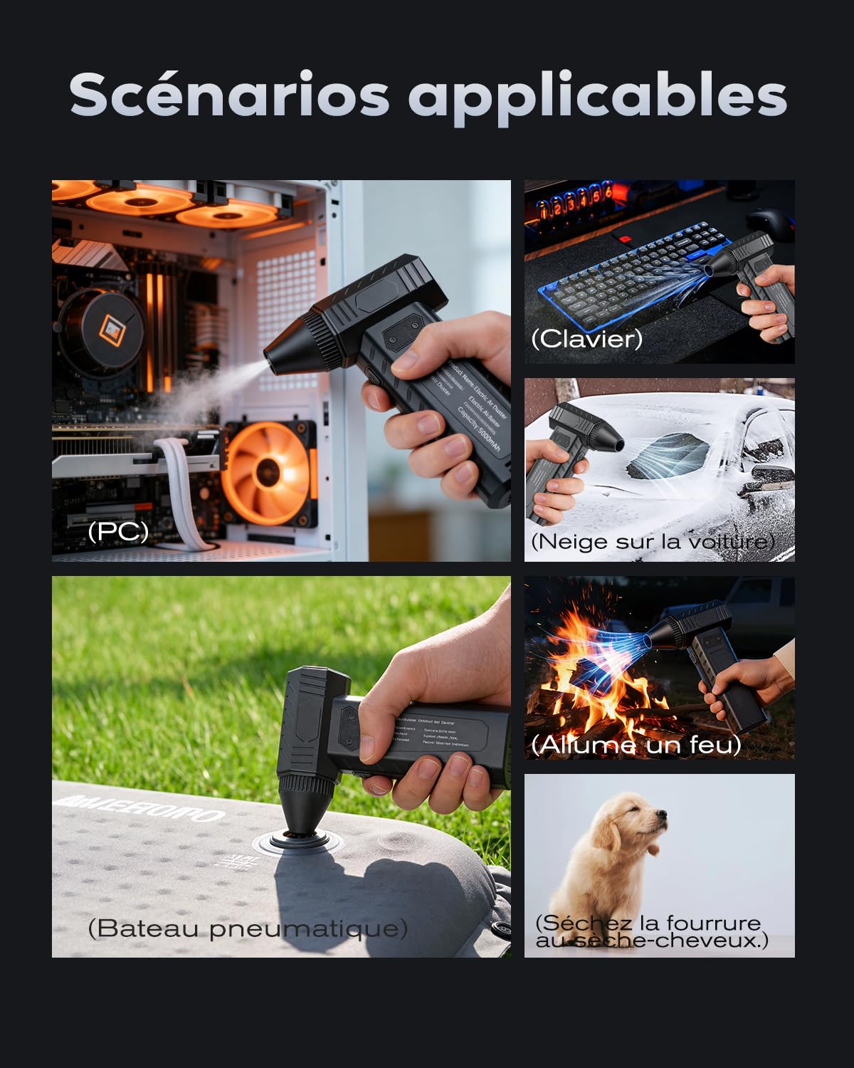 Souffleur Air Comprimé avec Buse Amovible, 180000 TR/Min Dépoussiérants Puissants électrique, 3 Vitesses Mini Air Comprimé Duster pour PC, Clavier, Voiture, Feuilles, Neige, Barbecue