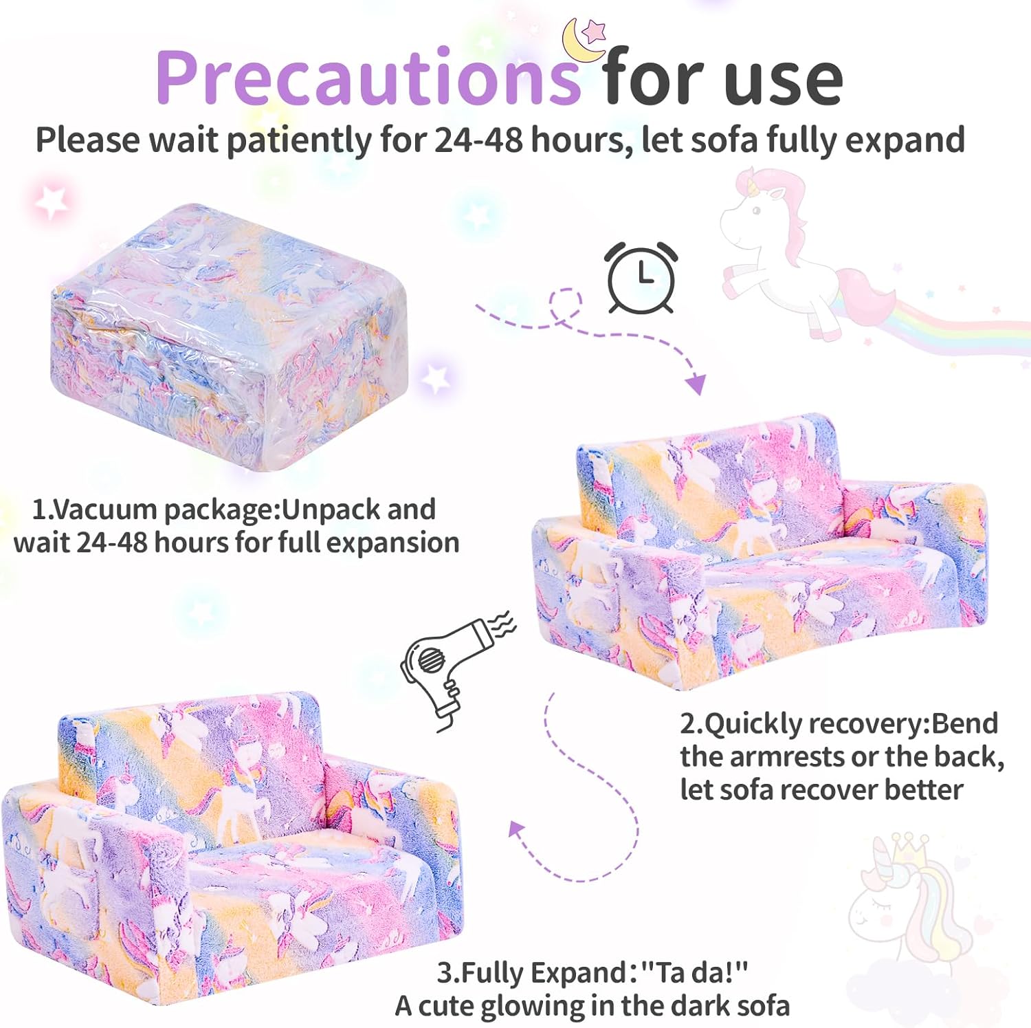 IFNOW Toddler Couch & Chair Folding, Kids 2 in 1 Sofa for Playroom - Extra Soft 2 Seats, Glow in The Dark, Pink & Green