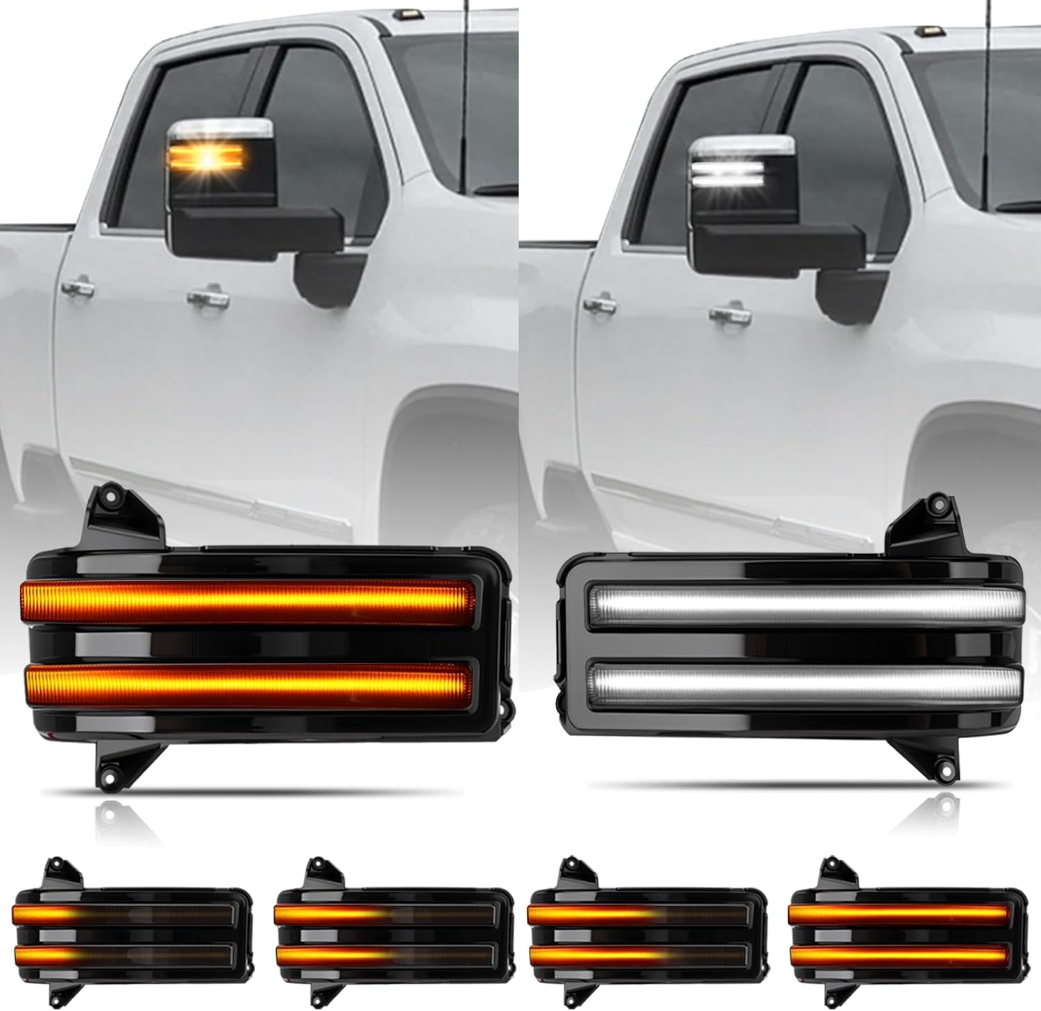 LED Sequential Amber Side Mirror Turn Signals Marker Light, White Parking Light Compatible with 2020-2024 Chevy Silverado, GMC Sierra 2500 3500, Smoked Lens 2PCS