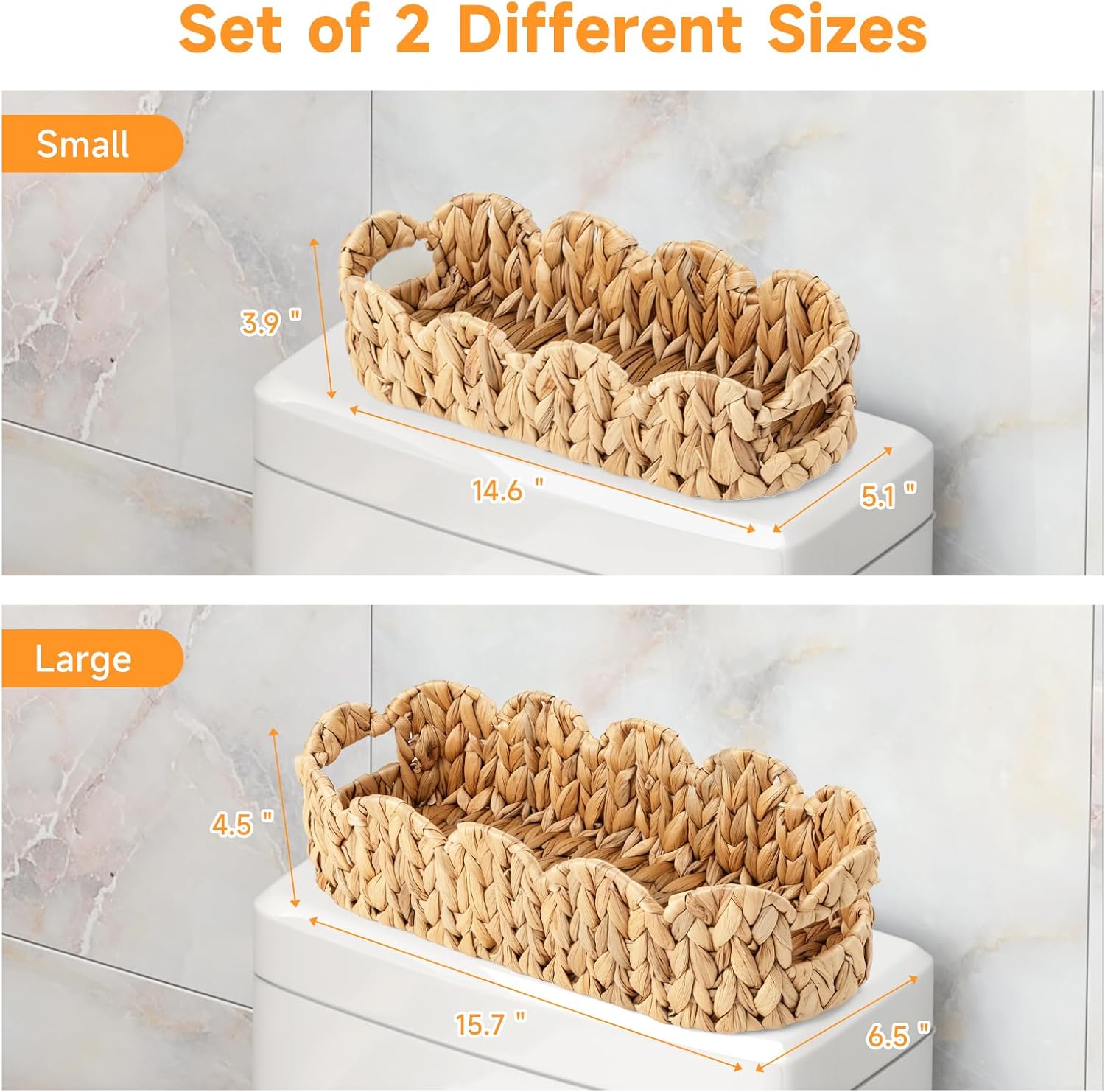 Small Nesting Scalloped Wicker Baskets, Bathroom Toilet Paper Storage Basket with Handles, Handwoven Water Hyacinth Toilet Baskets Tank Topper for Home Decor, Shelves, Living Room, 2 Pack