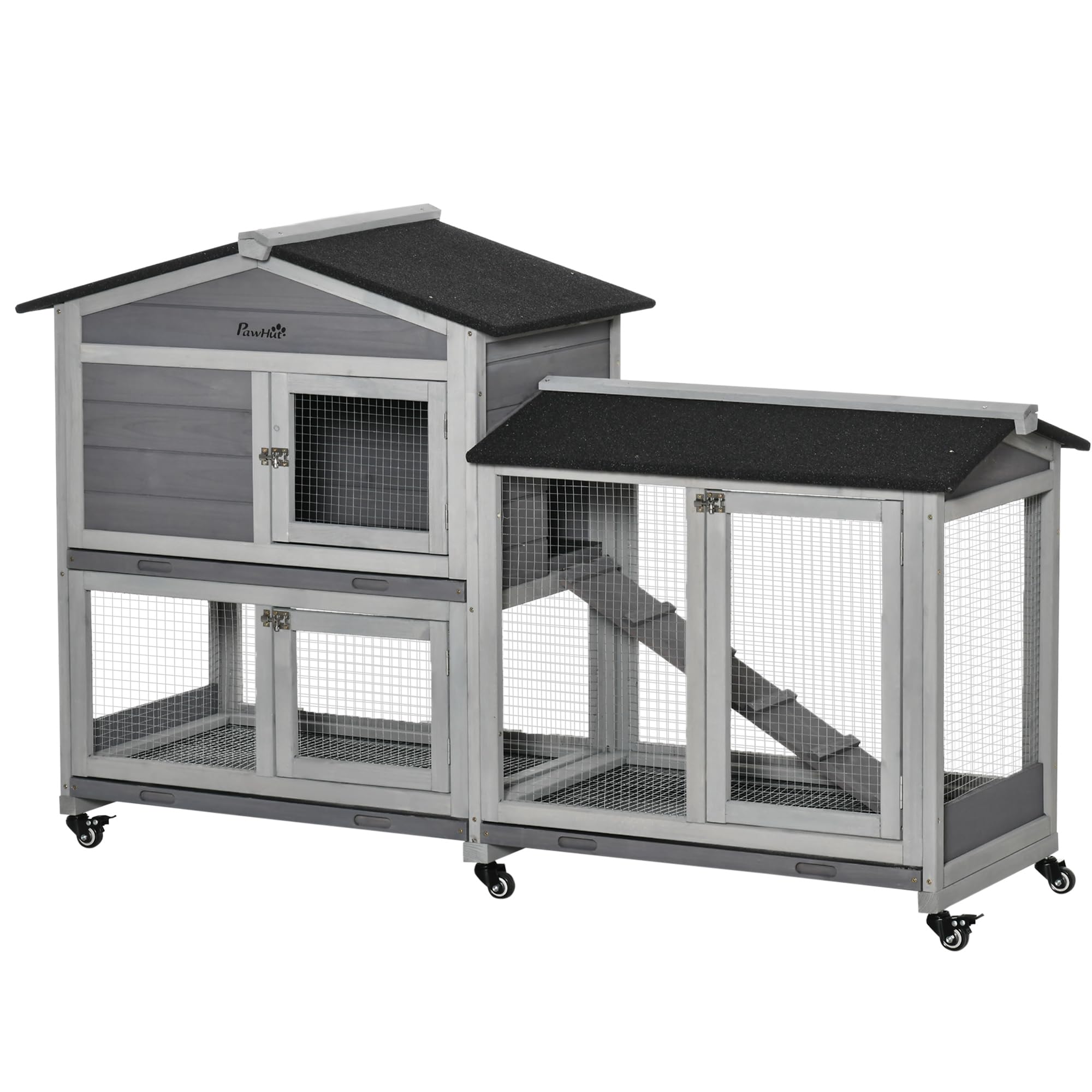PawHut Rabbit Hutch Outdoor with Run, Wheels 157.4 x 53 x 99.5 cm Grey