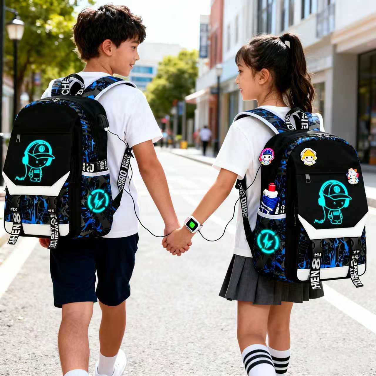 School Backpack for Boys Print Backpack Teenagers Anime Large School Bag Outdoor Reflective Daypack.Luminous Pattern Travel Laptop Backpack - With Usb Charging Port Headphone port(Blue) - Image 3