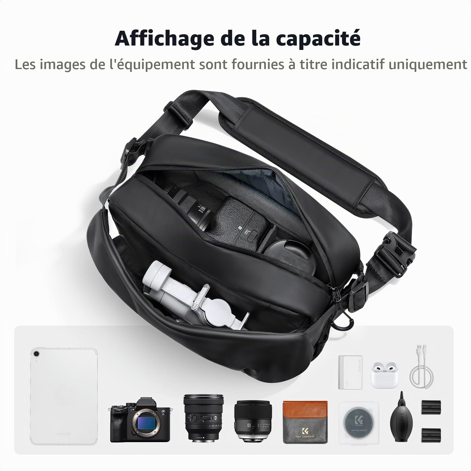 K&F CONCEPT Sac à Bandoulière pour Appareil Photo | Sac Photo avec Poche Avant Semi-Ouverte. Compatible avec Les Appareils Photo et Les Objectifs, Noir-BS19