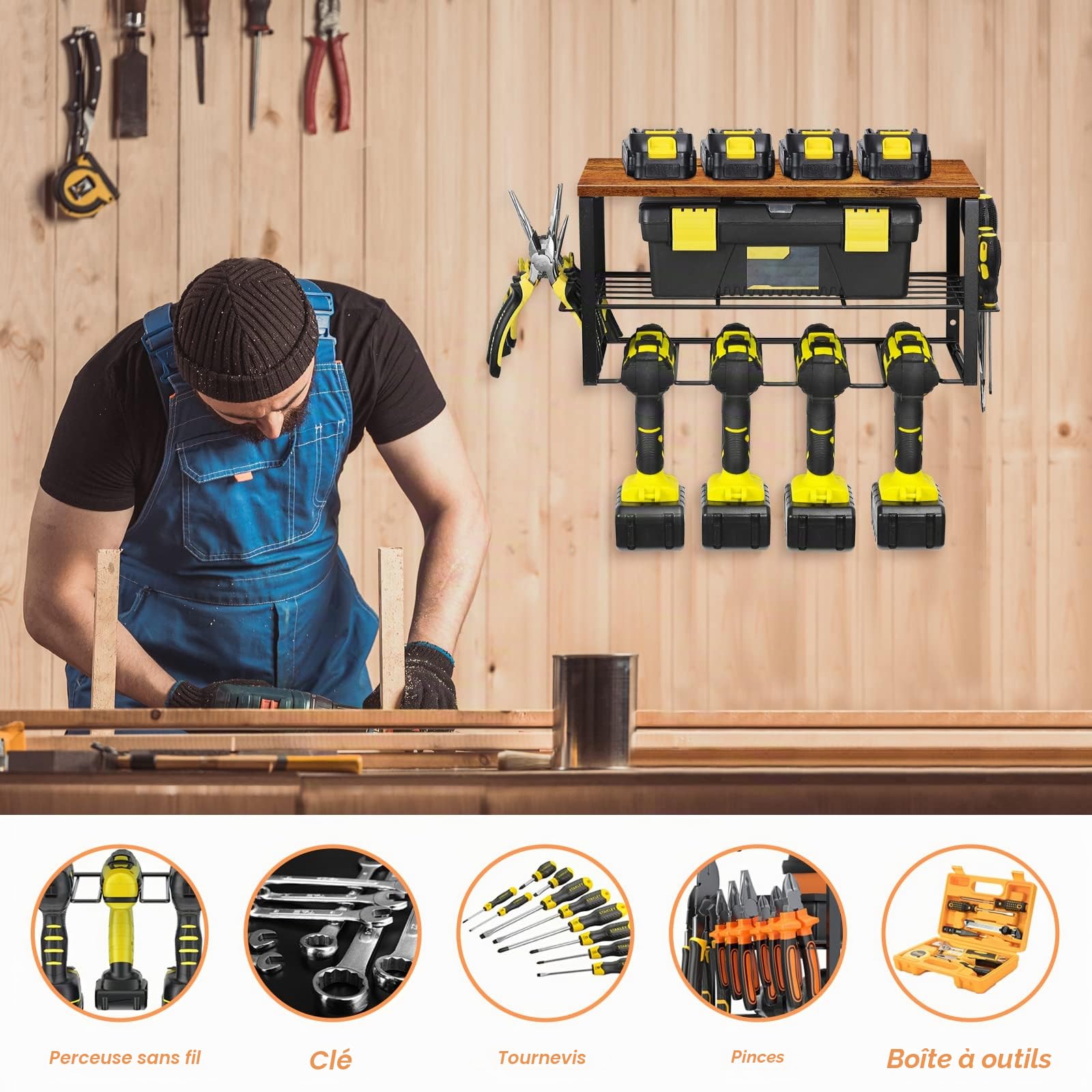 Nandae Organisateur Mural pour Outils électriques, porte-outils pour 4 perceuses, 3 emplacements avec Rangement tournevis latéral pour garage, atelier