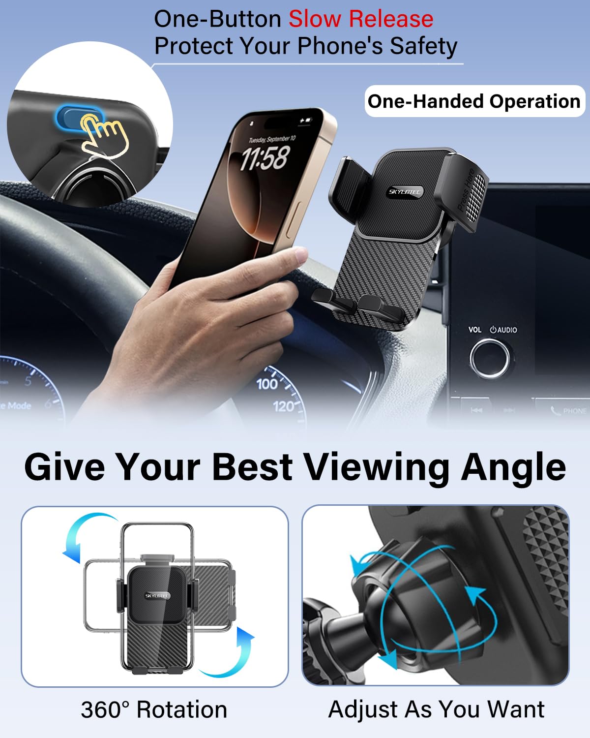 SKYLOTEC Supporto per telefono da auto per Jeep Renegade 2015-2023 Accessori | Renegade - Supporto per cellulare da cruscotto, supporto per auto, rotazione a 360°, senza blocco della bocchetta dell'aria