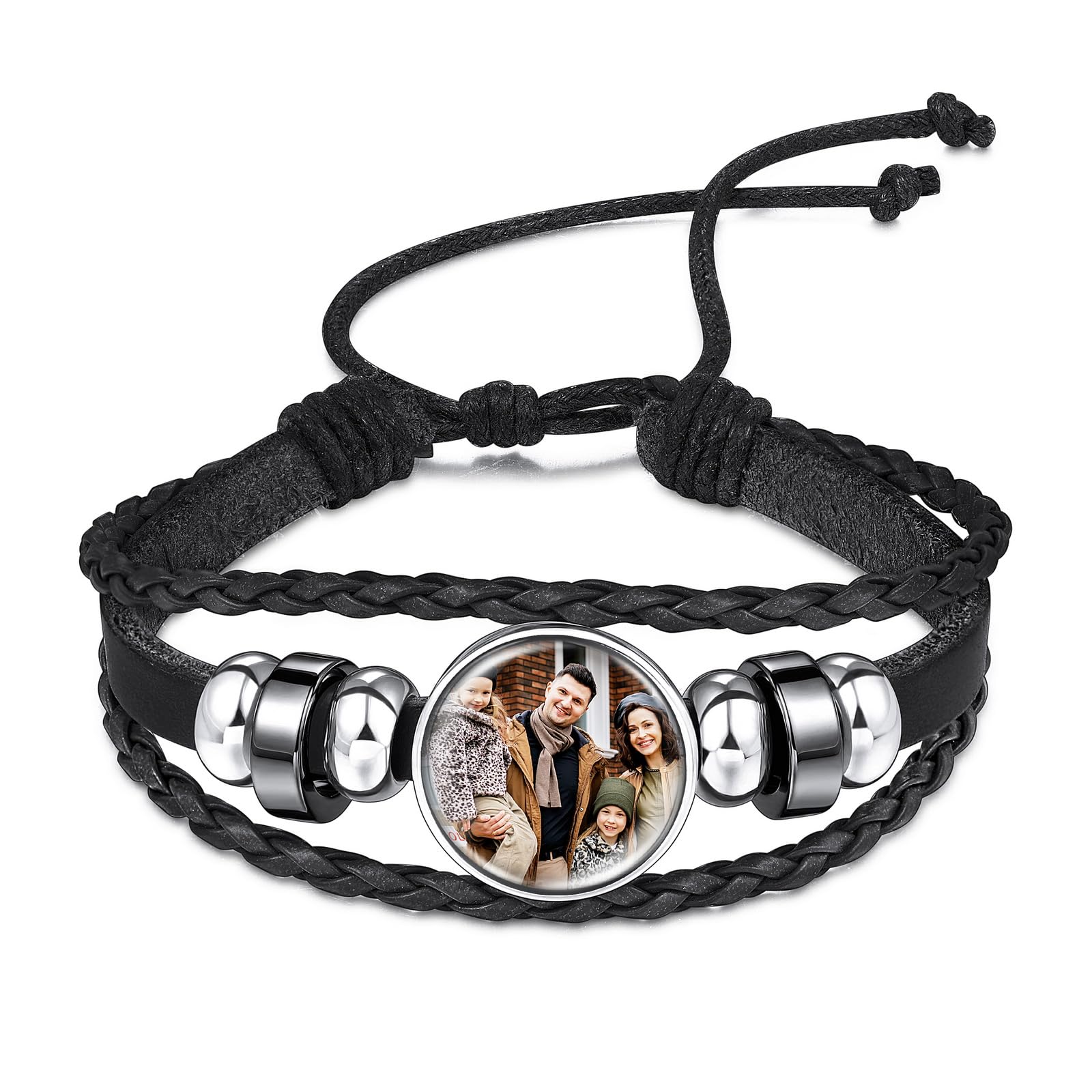 INBLUE Pulsera de Cuero Personalizada con Foto Interior para Mujer Pulsera de Cuerda Trenzada Ajustable con Abalorios Regalo de Joyería Conmemorativo para Madre Esposa