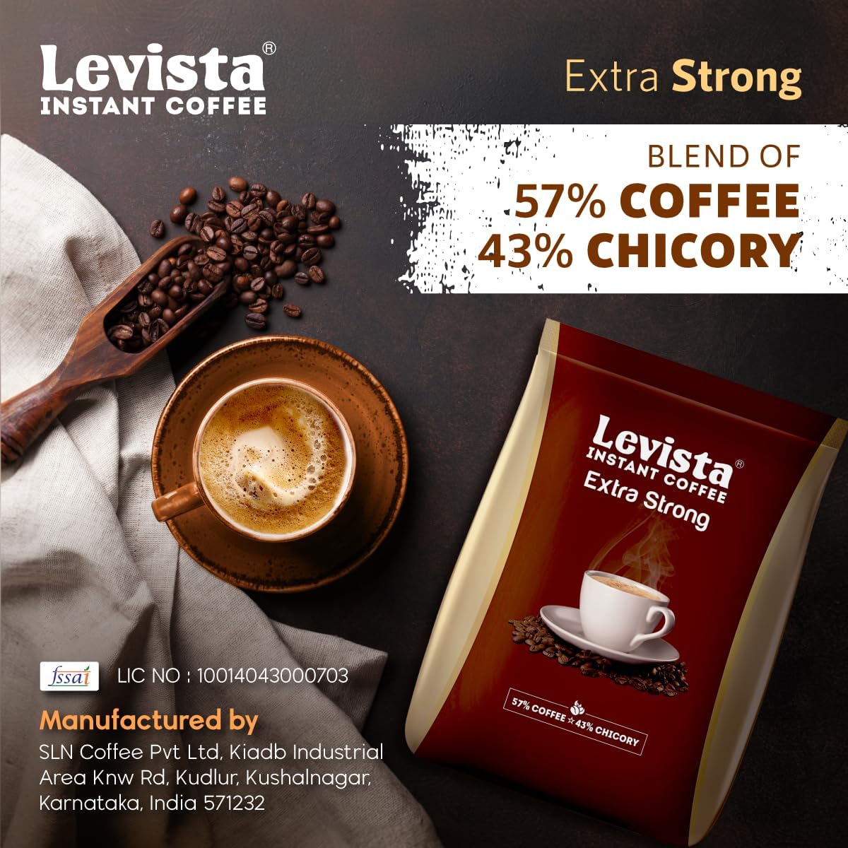 Levista Extra Strong Instant Coffee (Pouch) (1 Kg) | Strong Blend of 57% Coffee & 43% Chicory| Caffeine Coffee with Rich Bold Flavour for an Energising Experience