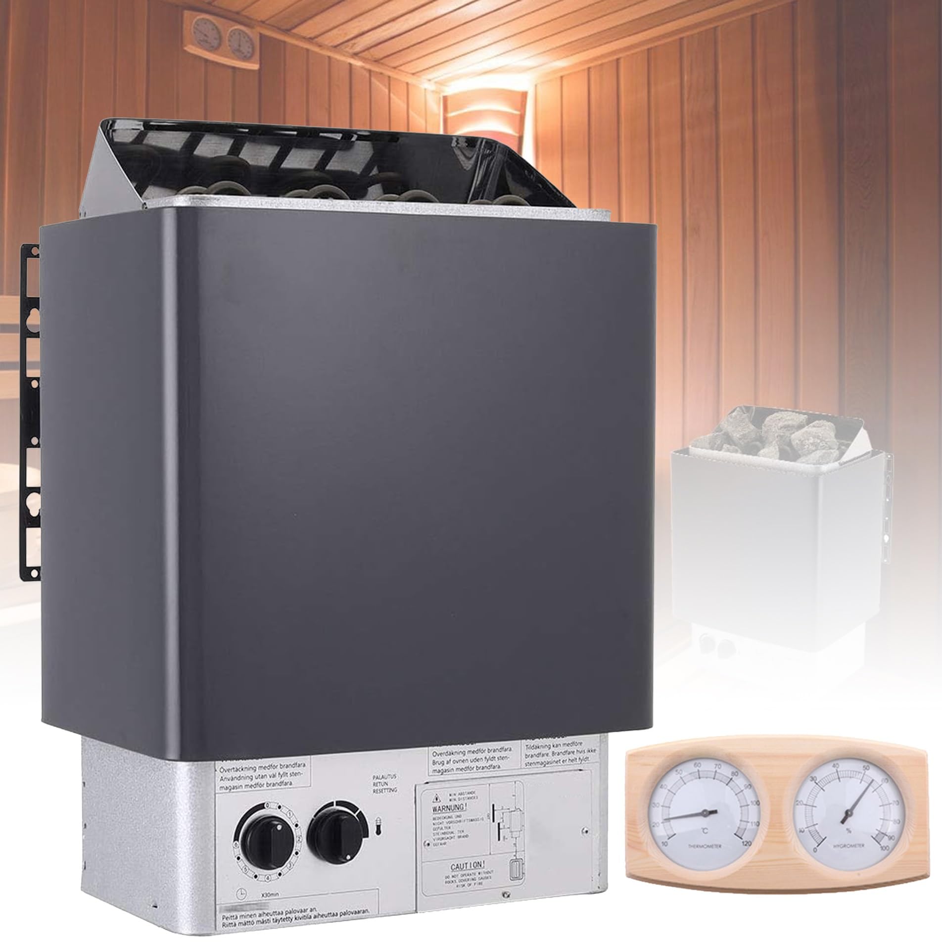 3KW-9KW Poêle De Sauna, Poêle De Sauna À Vapeur Sèche, Poêles De Sauna Électriques 220V, Commandes Intégrées Et Thermo-hygromètre, pour Saunas, Spas, Hôtels Et Maisons(6.0KW)