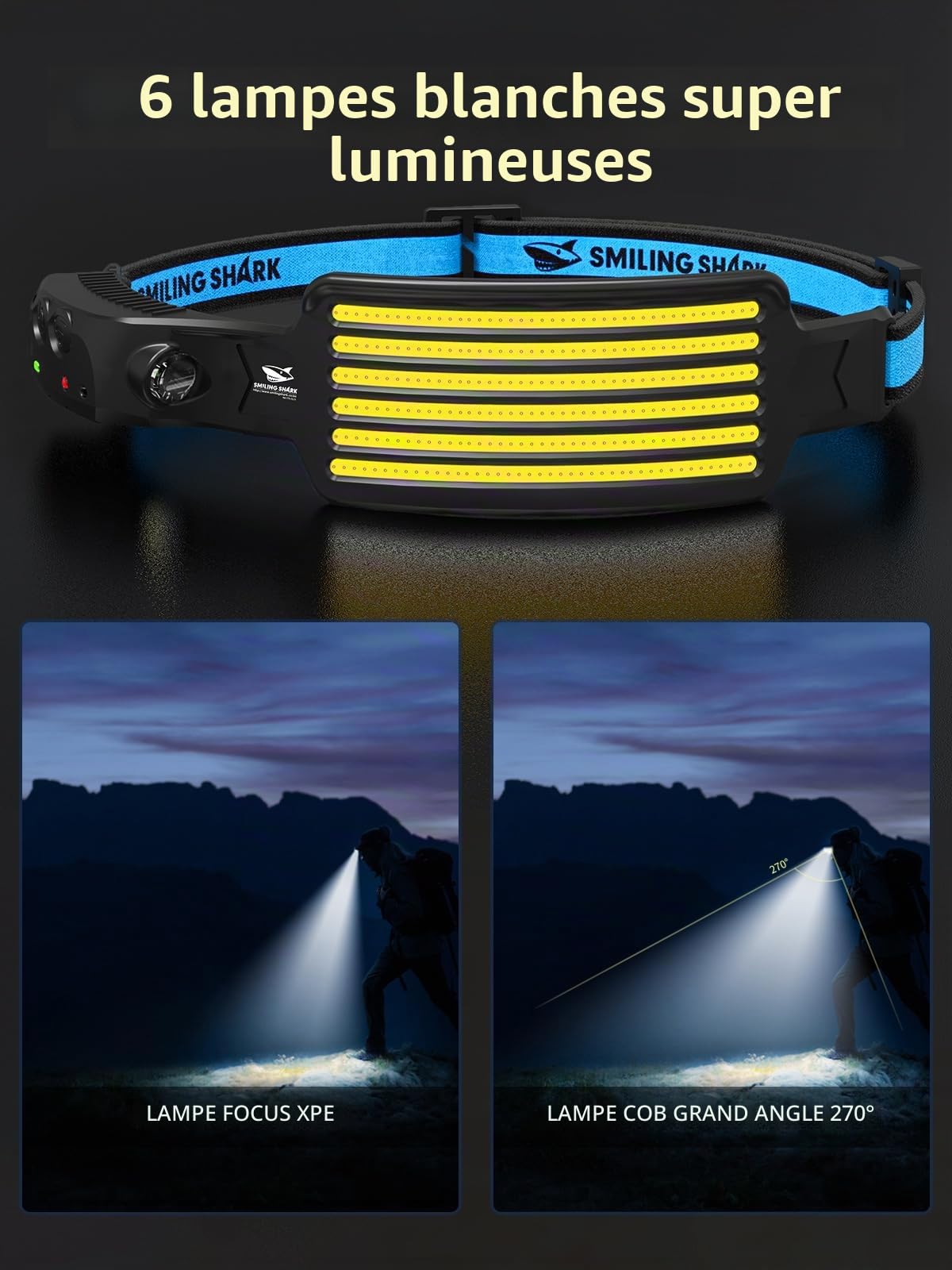 Smiling Shark Lampe Frontale LED, 2 Pièces Angle Large 6*LED Bandes Lumineuses Blanche Headlamps Rechargeable Capteur de Motion Étanche pour Camping