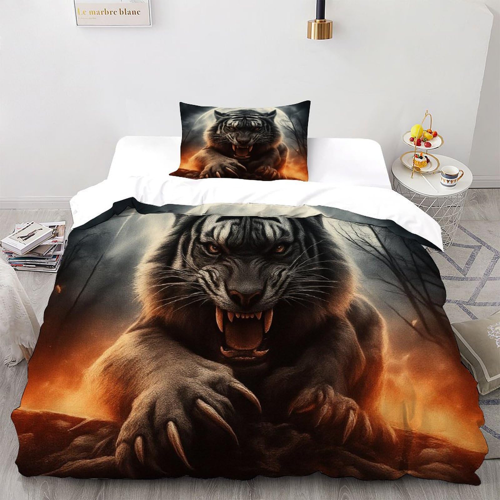 Housse de couette 135x200cm motif tigre et animaux de la forêt sombre avec taie
