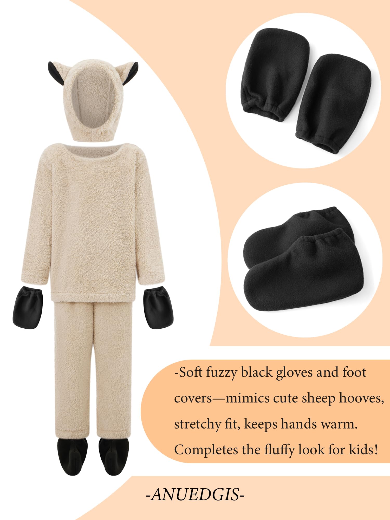 Anuedgis Cute Kids Sheep Costume Fuzzy Lamb Outfit with Hat Gloves Socks for Farm Animal Cosplay Theme Party & Dress Up (Apricot Sheep - Image 4