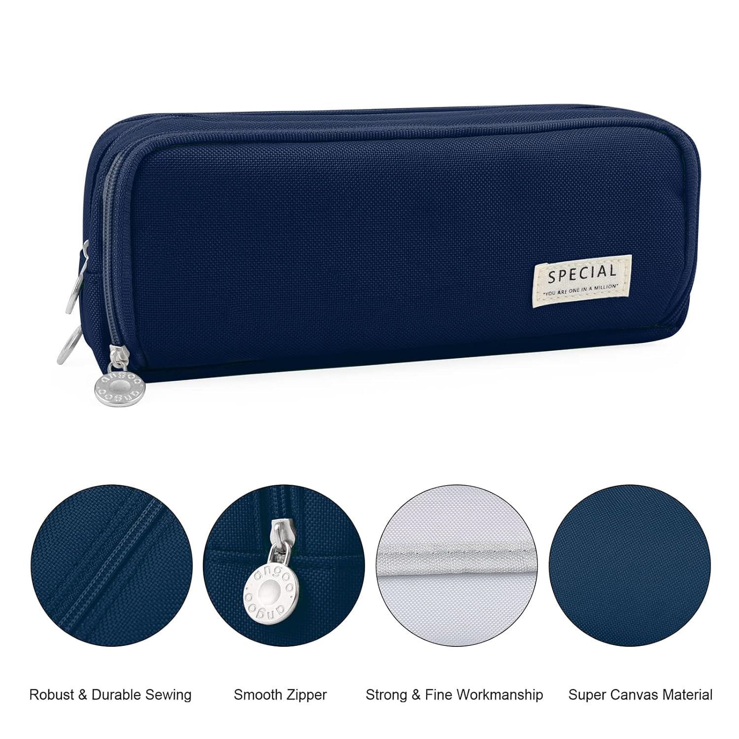 VEPROIX Canvas Large Capacity Pencil Case with 3 Compartments, Metal Zipper Pen & Pencil Pouch for School, College, Office, Boys & Girls, Travel Stationery Bag Organizer (Blue) 1