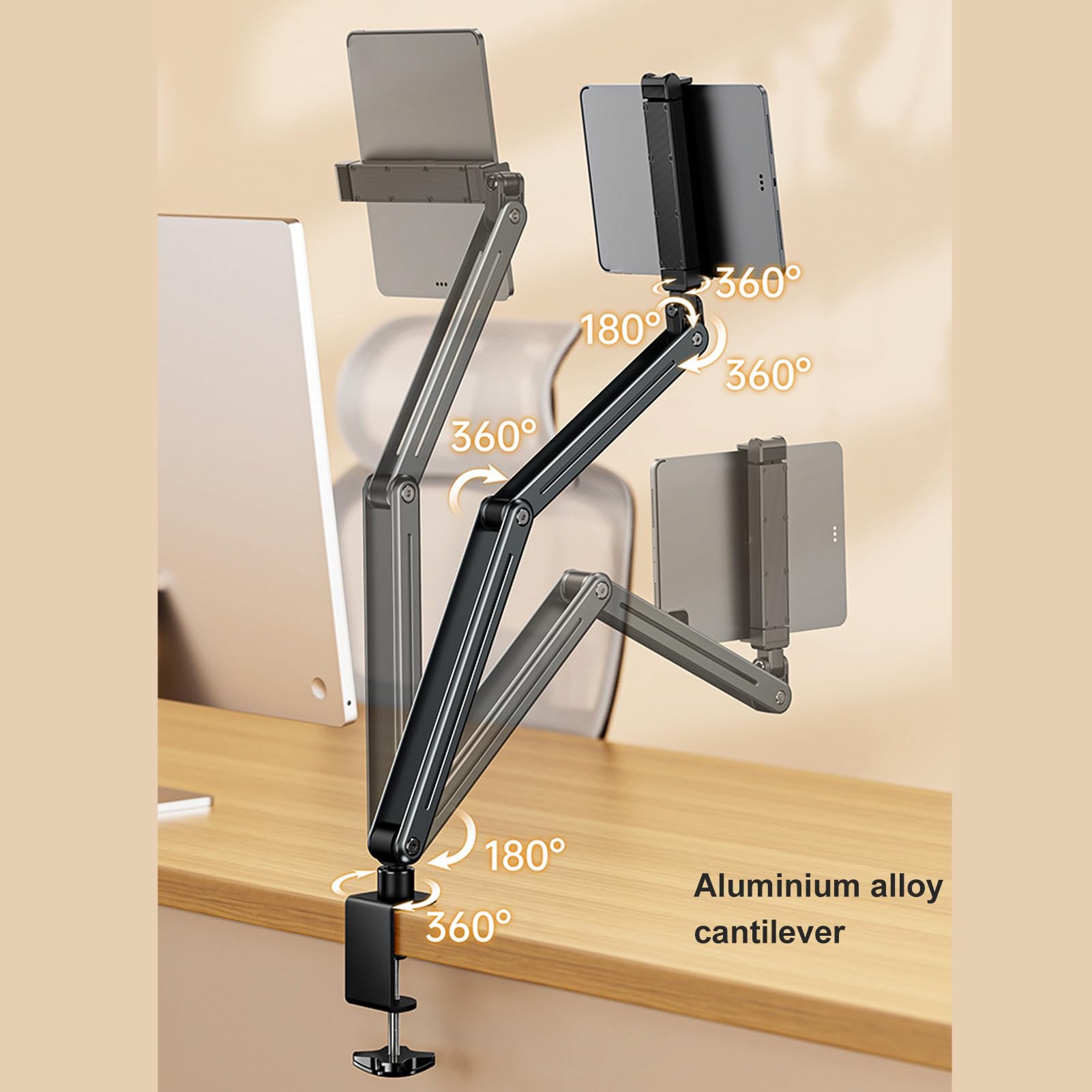 Fockety Supporto da Tavolo per Tablet, Lega di Alluminio Rotazione di 360 Gradi Supporto da Braccio Pieghevole per Tablet Altezza Regolabile Supporto per Tablet con Braccio Flessibile
