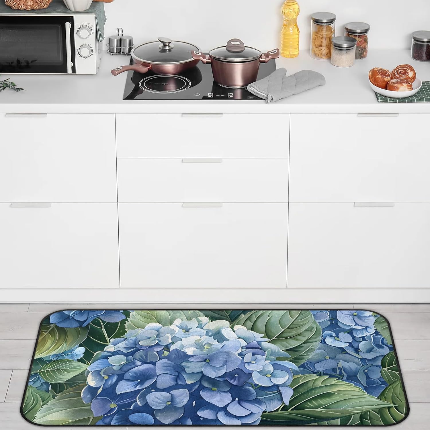 Honeybaby Flowers Hydrangea Welcome Mat 20x39 Inch, Ultra-Thin Low Pile Front Door Mat with Non-Slip TPR Backing for Indoor Outdoor Entrance