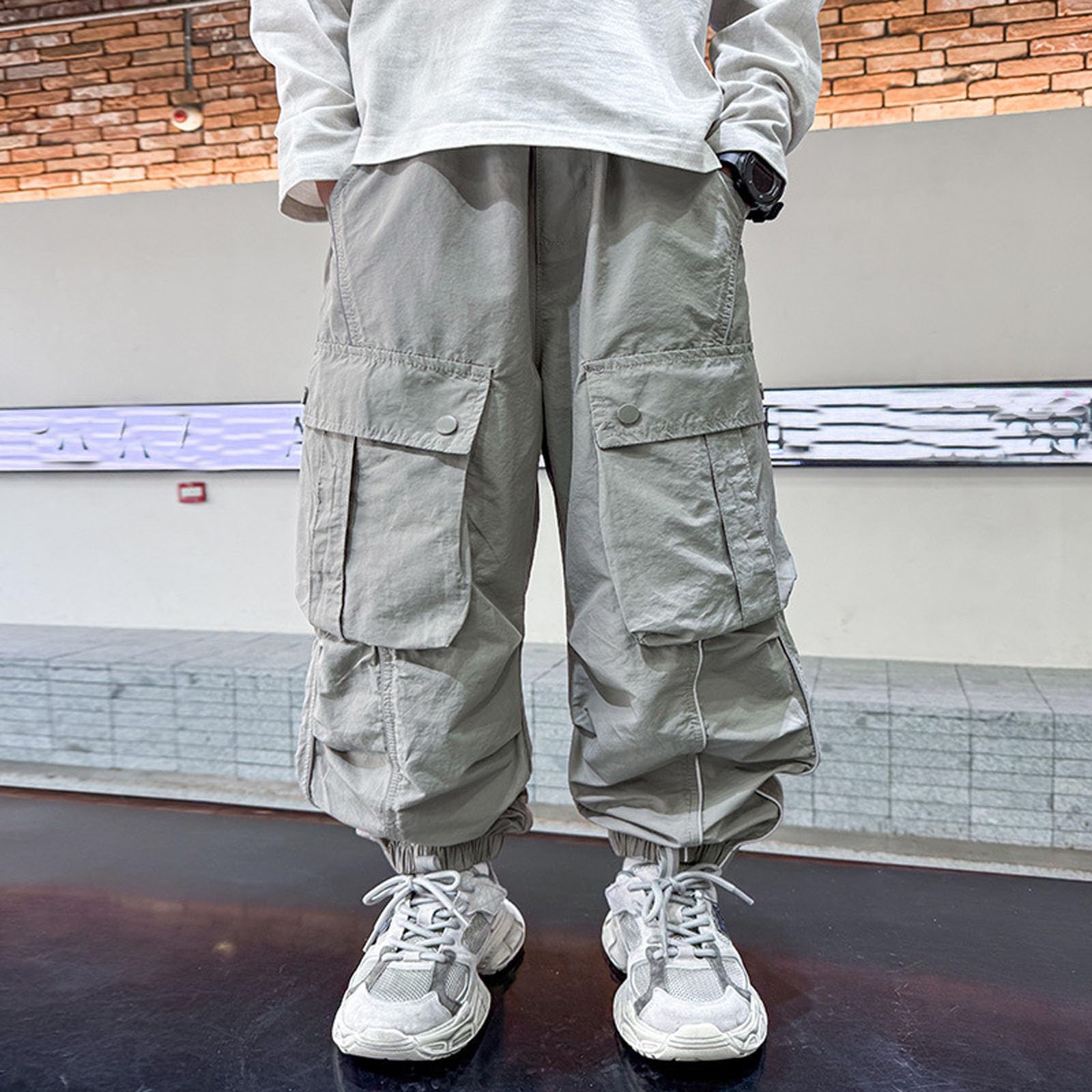 Genérico Pantalones Cargo Niño - Pantalones Cargo para Niños Informales De Cintura Alta con Cordón Holgados Bolsillos Ropa De Calle