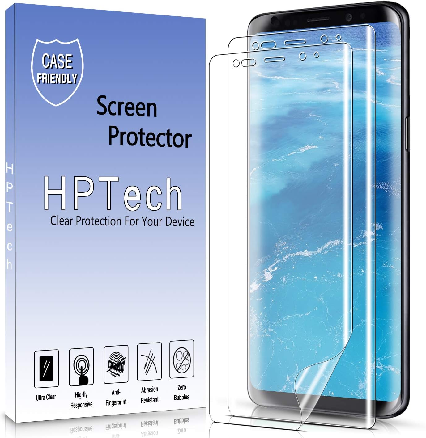 2-Pack HPTech Screen Protector For Samsung Galaxy S9 5.8-Inch Full Coverage PET Film, HD Clear, Bubble Free, Case Friendly