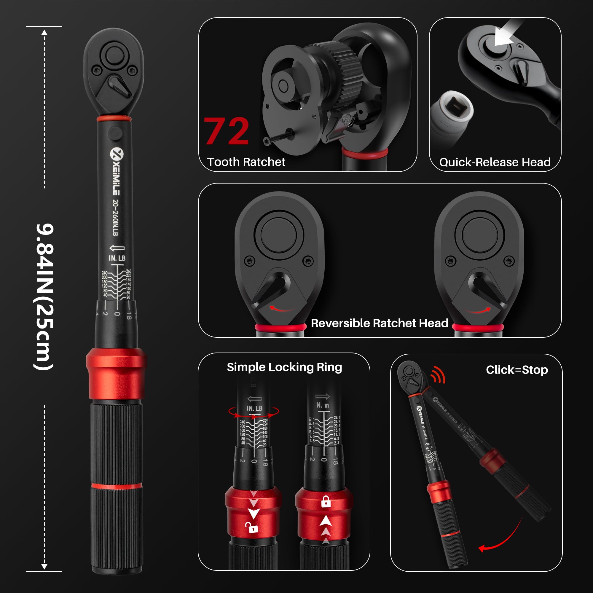 Set di 52 chiavi dinamometriche e cacciaviti, 50-660 pollici, 2,3-29,4 N.m, chiave dinamometrica piccola da 1/4", cacciavite dinamometrico da 20-260 pollici, 72T Dual Range, con bussole per