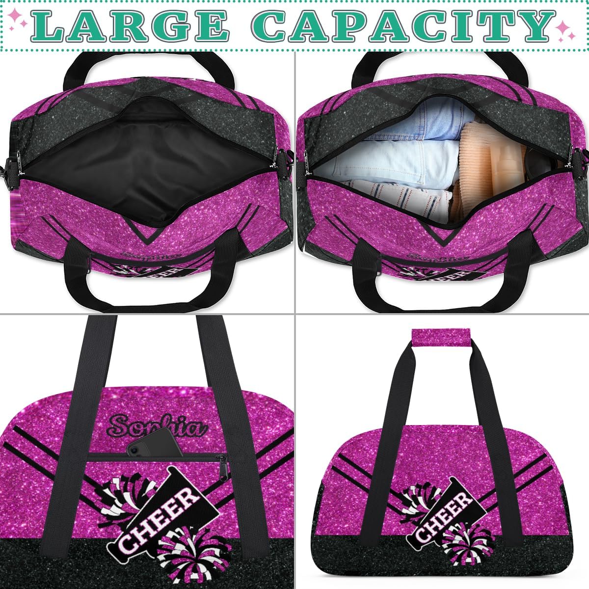 Personalized Cheer Bag Girl Sport Duffel Bag, Custom Kids Gym Bag, Customize Travel Duffle Bag with Name, Overnight Weekender Bags,Glitter Hotpink, Cheerleading Gifts - Image 5