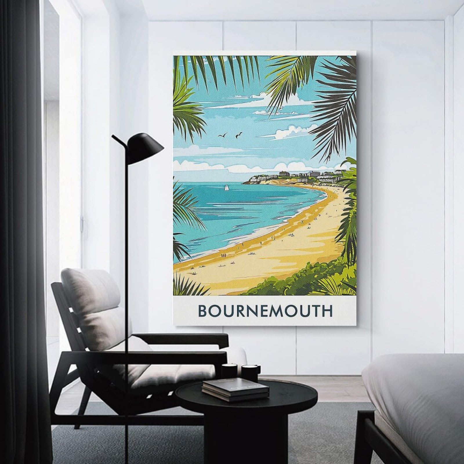 Junmoney Bournemouth Beach Illustration Wall Art Print, 16x24inch(40x60cm), for Study, Office Or Focused Interiors, Home Office Artwork with Decorative Appeal