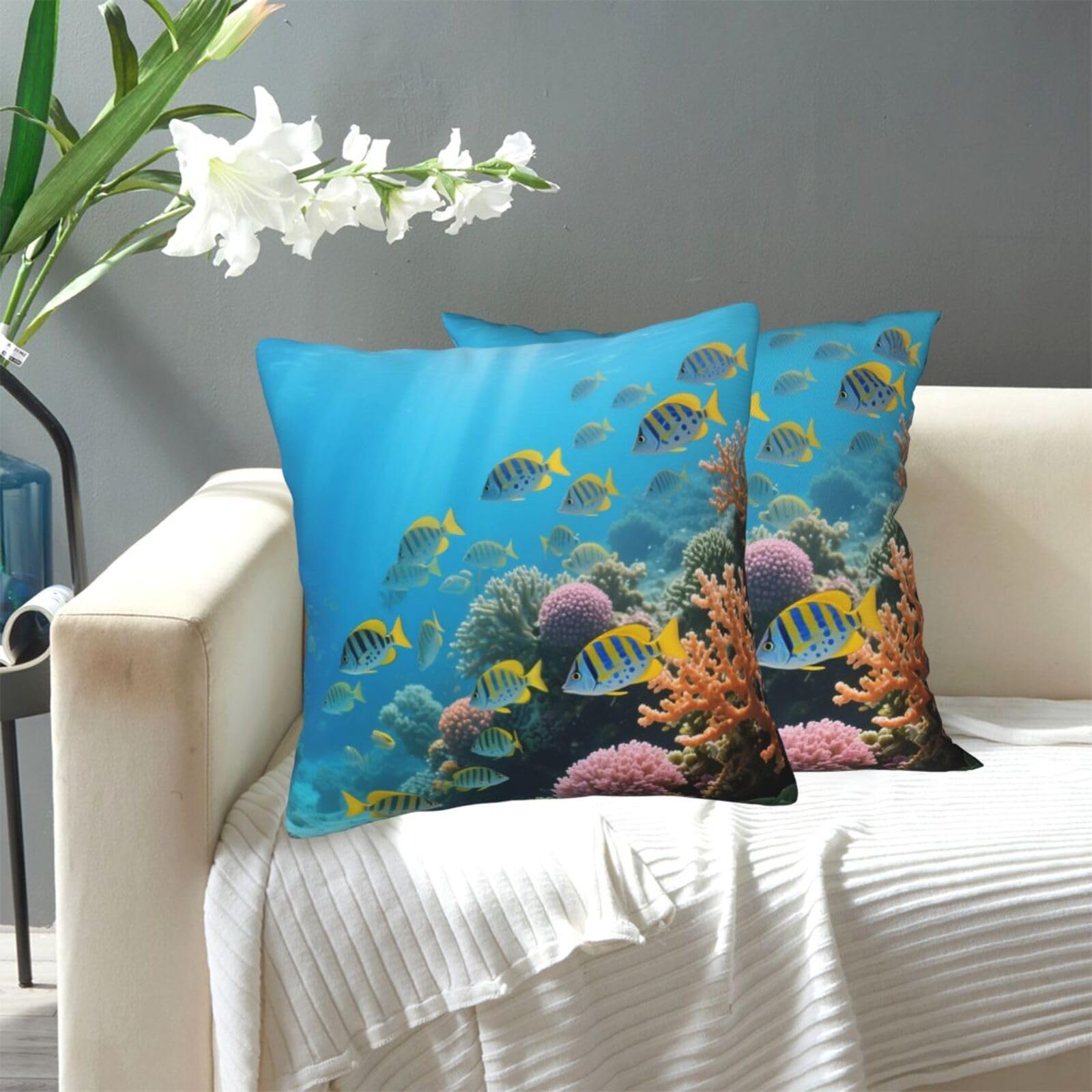 FekiLoot Decorative Throw Pillow Covers Modern Farmhouse Pillowcase Double Sided Cozy Cushion Cover for Sofa Couch Bed 20"X20" Various Fish Coral Reefs